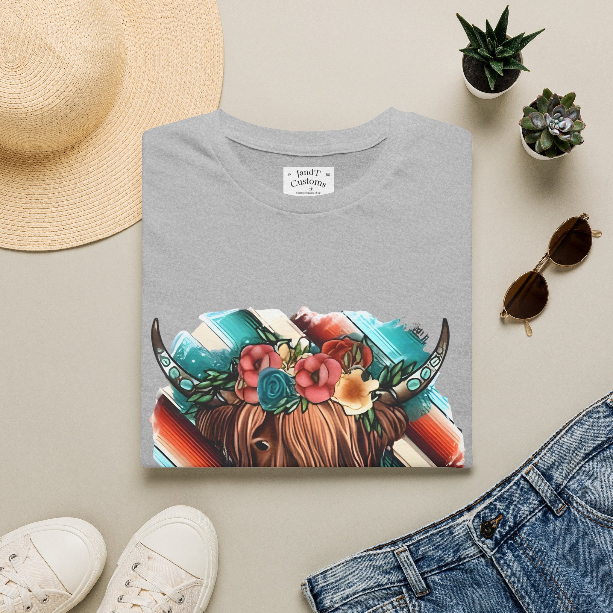 Floral Highland Cow T-Shirt — Boho Cow With Flower Crown Graphic Tee