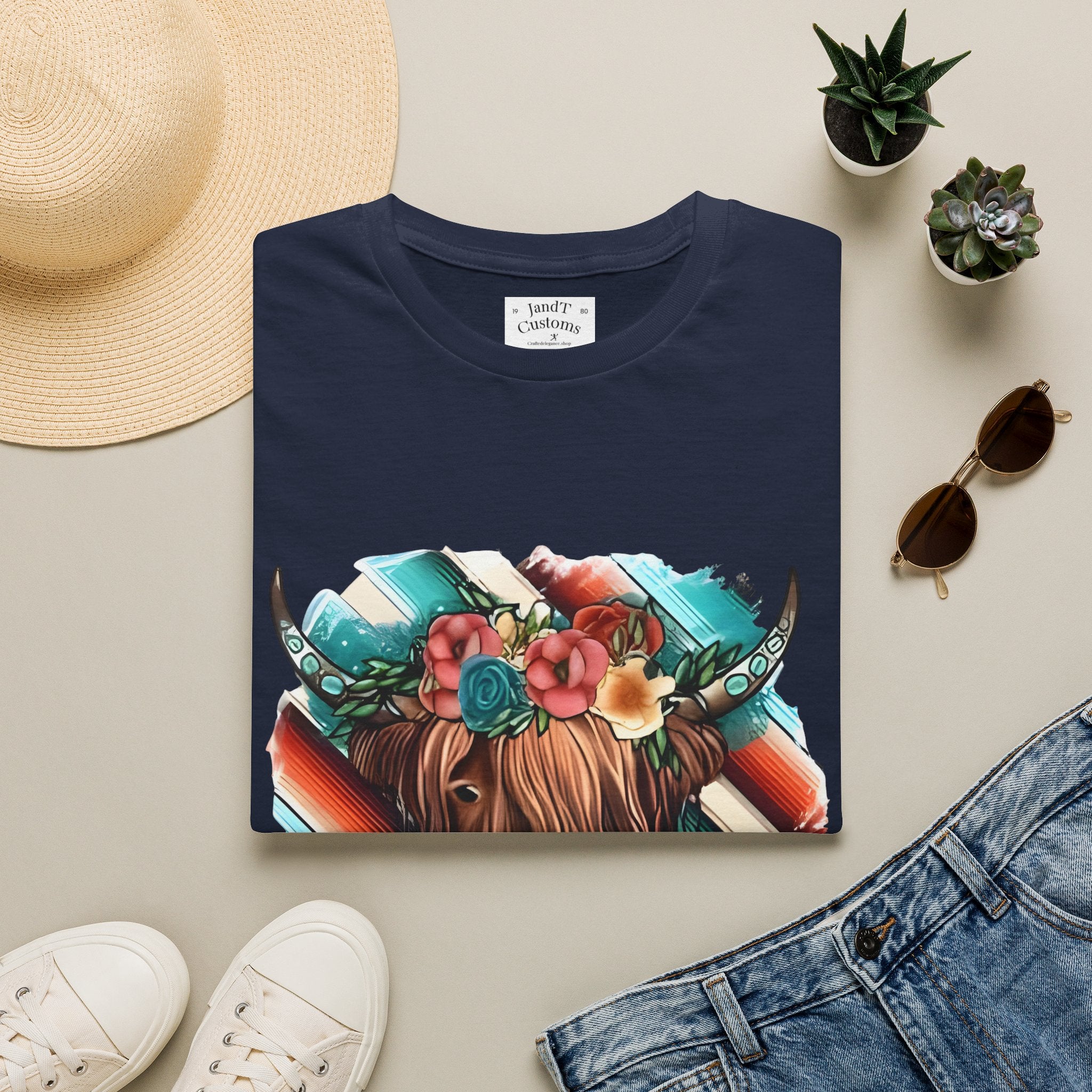 Floral Highland Cow T-Shirt — Boho Cow With Flower Crown Graphic Tee