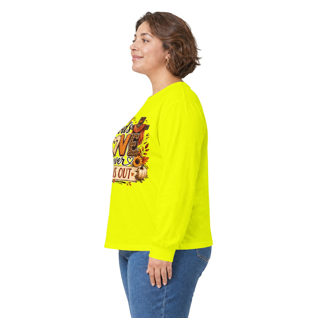 God's Love Never Runs Out Long Sleeve Tee — Fall Christian Thanksgiving Shirt