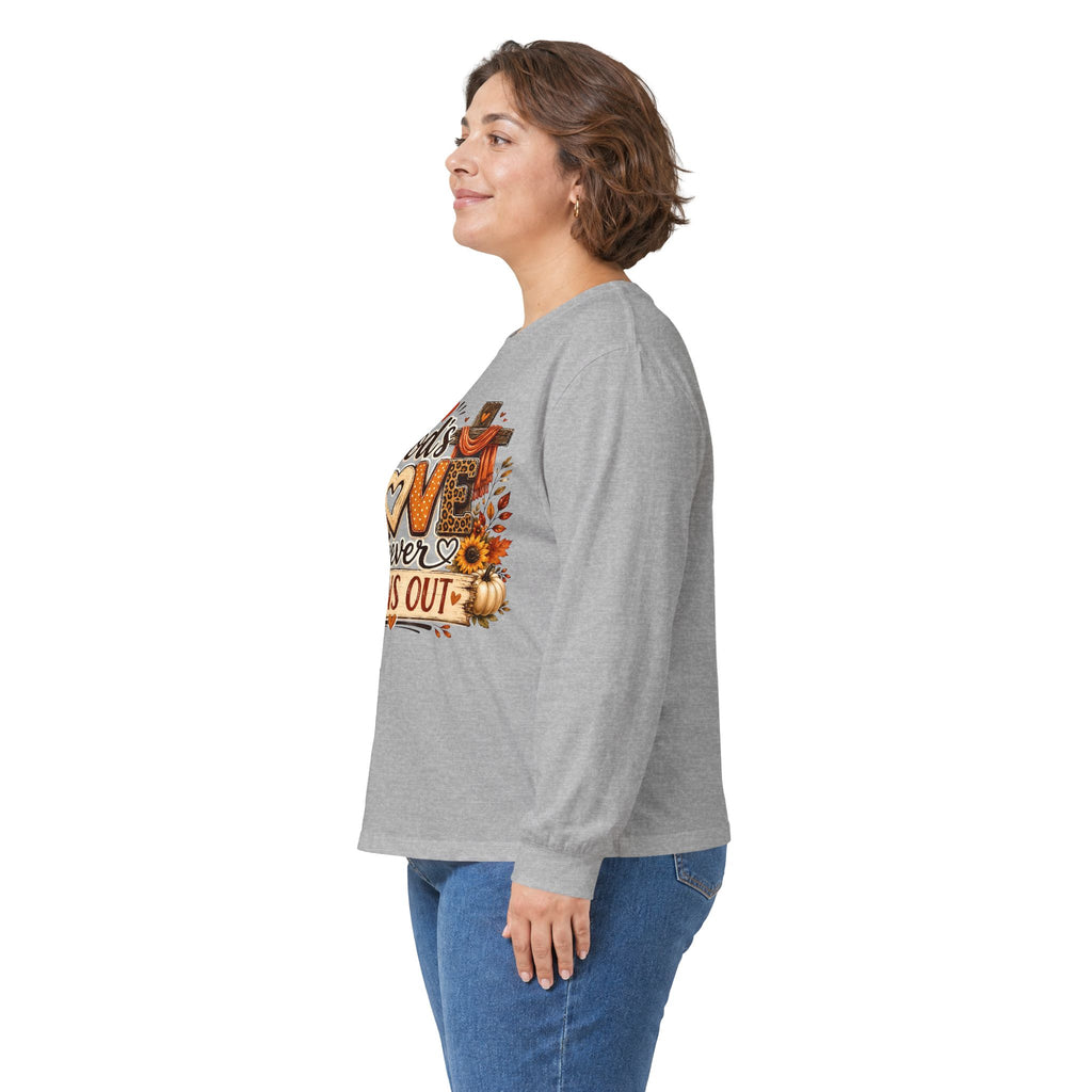 God's Love Never Runs Out Long Sleeve Tee — Fall Christian Thanksgiving Shirt