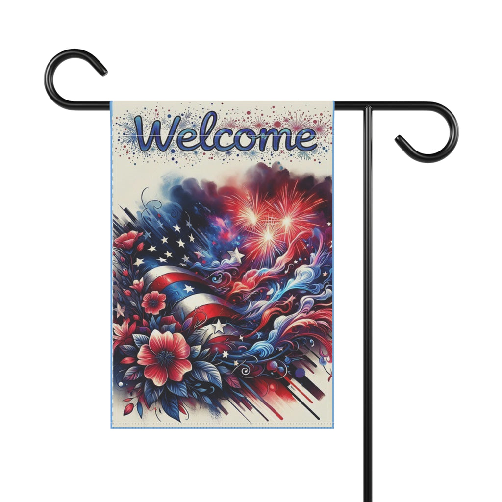 Welcome Garden Flag — Patriotic American Flag & Fireworks Floral Garden Banner