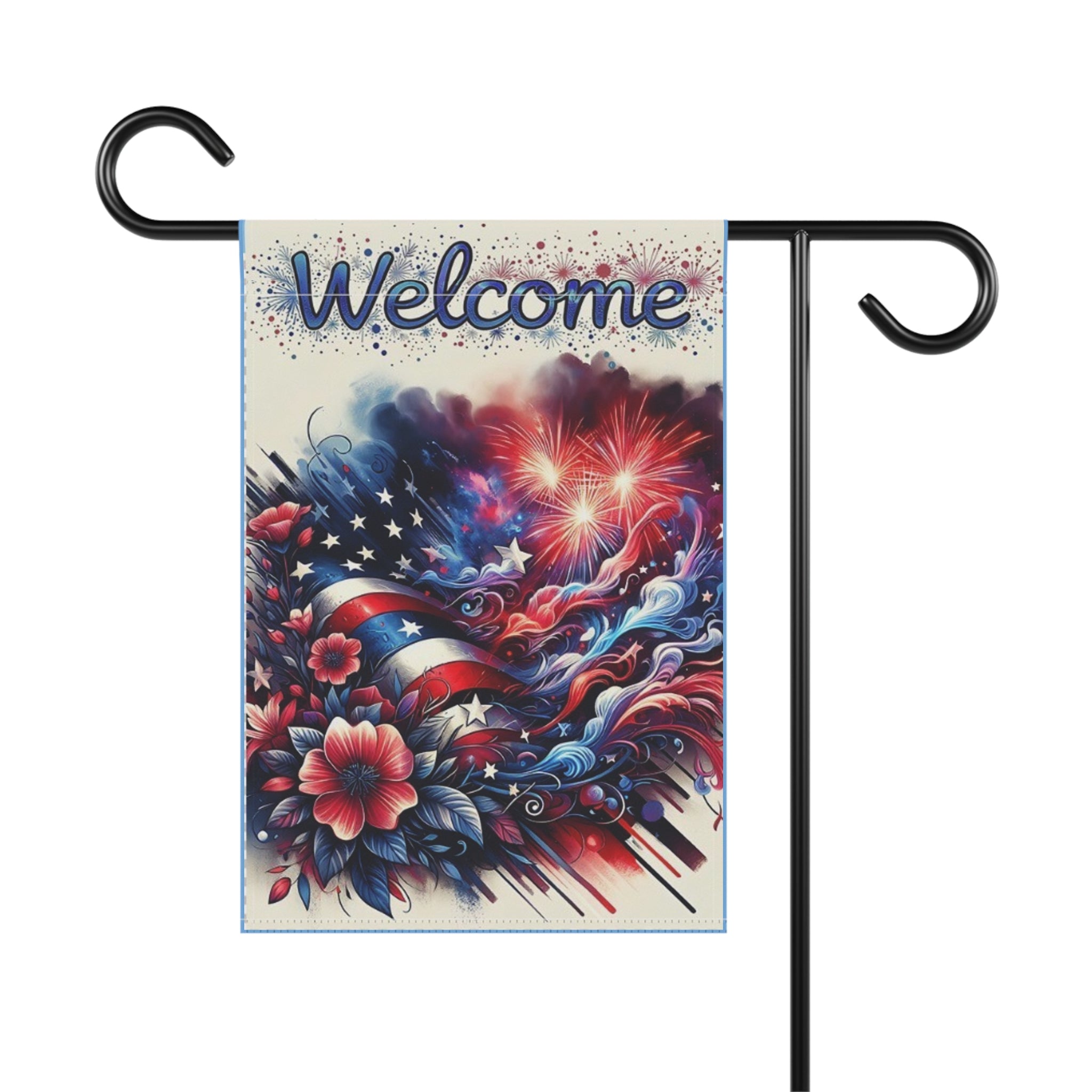 Welcome Garden Flag — Patriotic American Flag & Fireworks Floral Garden Banner