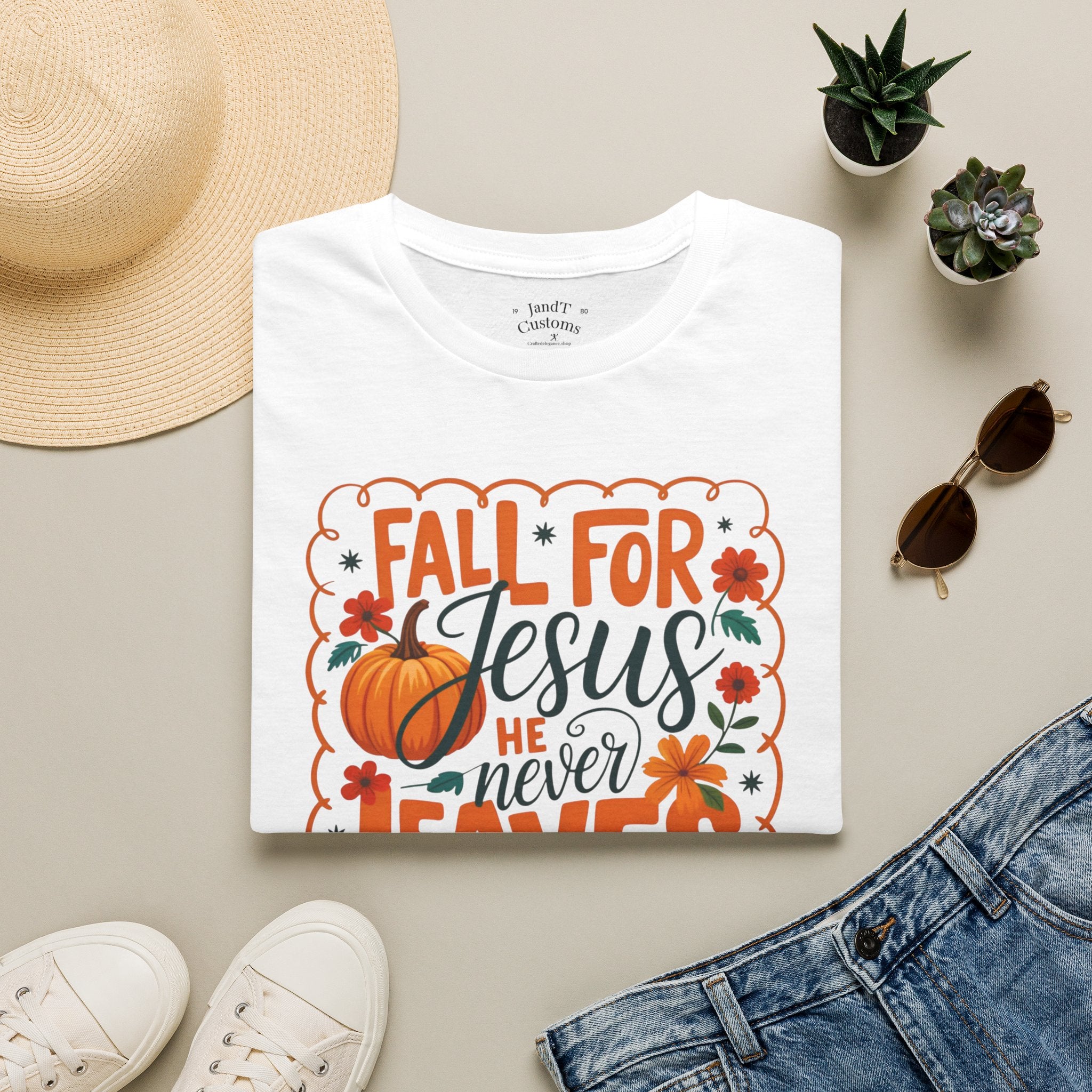 Fall For Jesus T-Shirt — Christian Autumn Pumpkin Tee ("He Never Leaves")