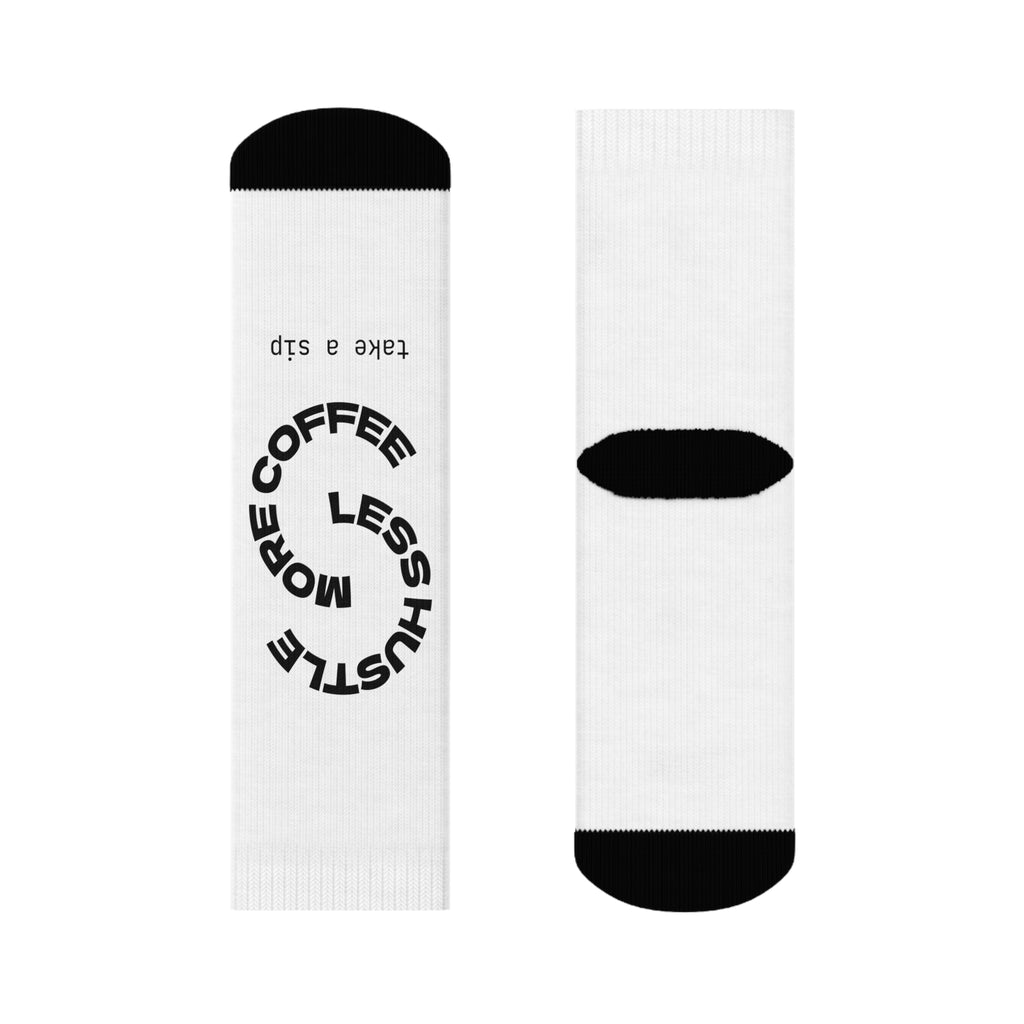 Coffee First Crew Socks — “More Coffee Less Hustle” Graphic Athletic Socks