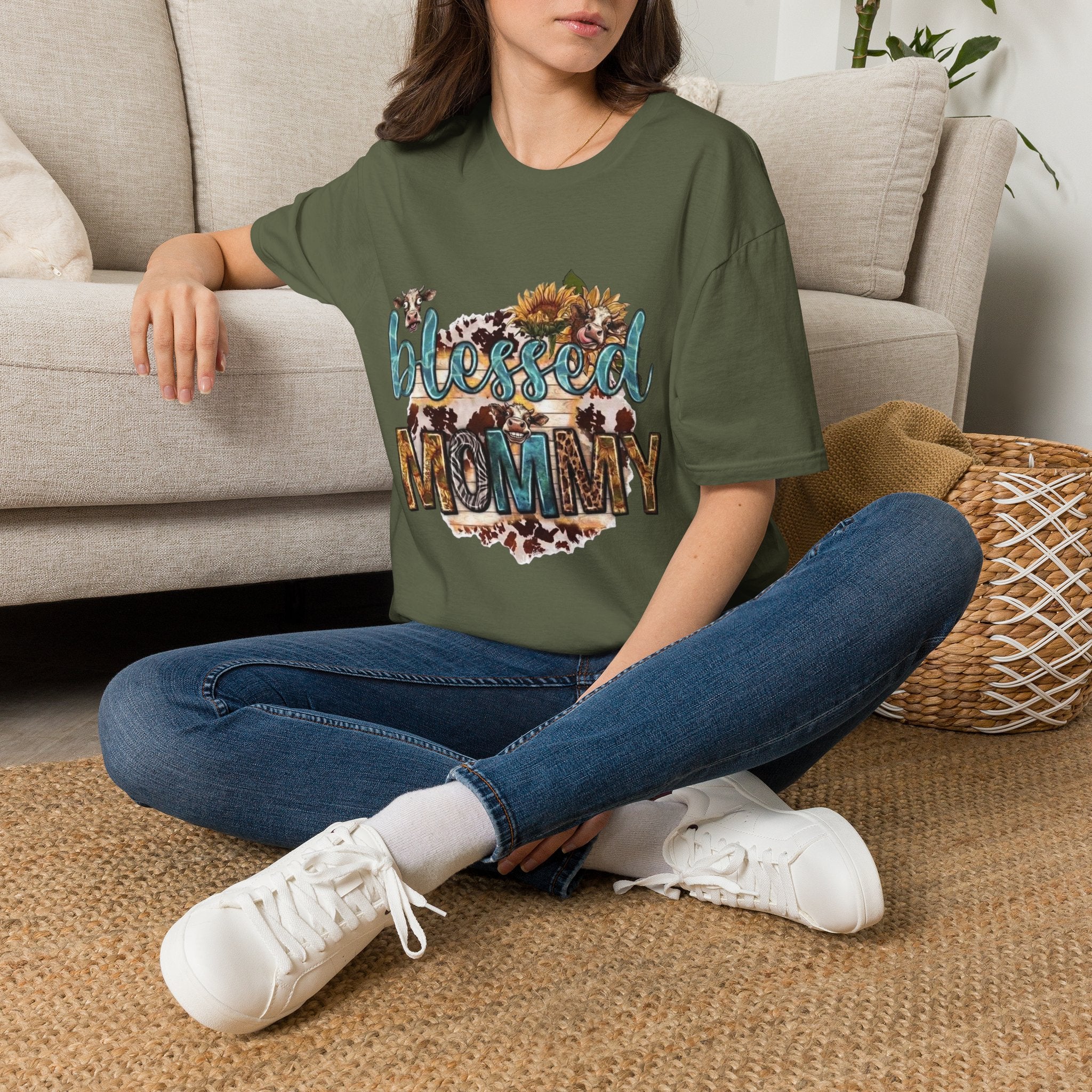Blessed Mommy T‑Shirt — Floral Cowprint Mom Tee