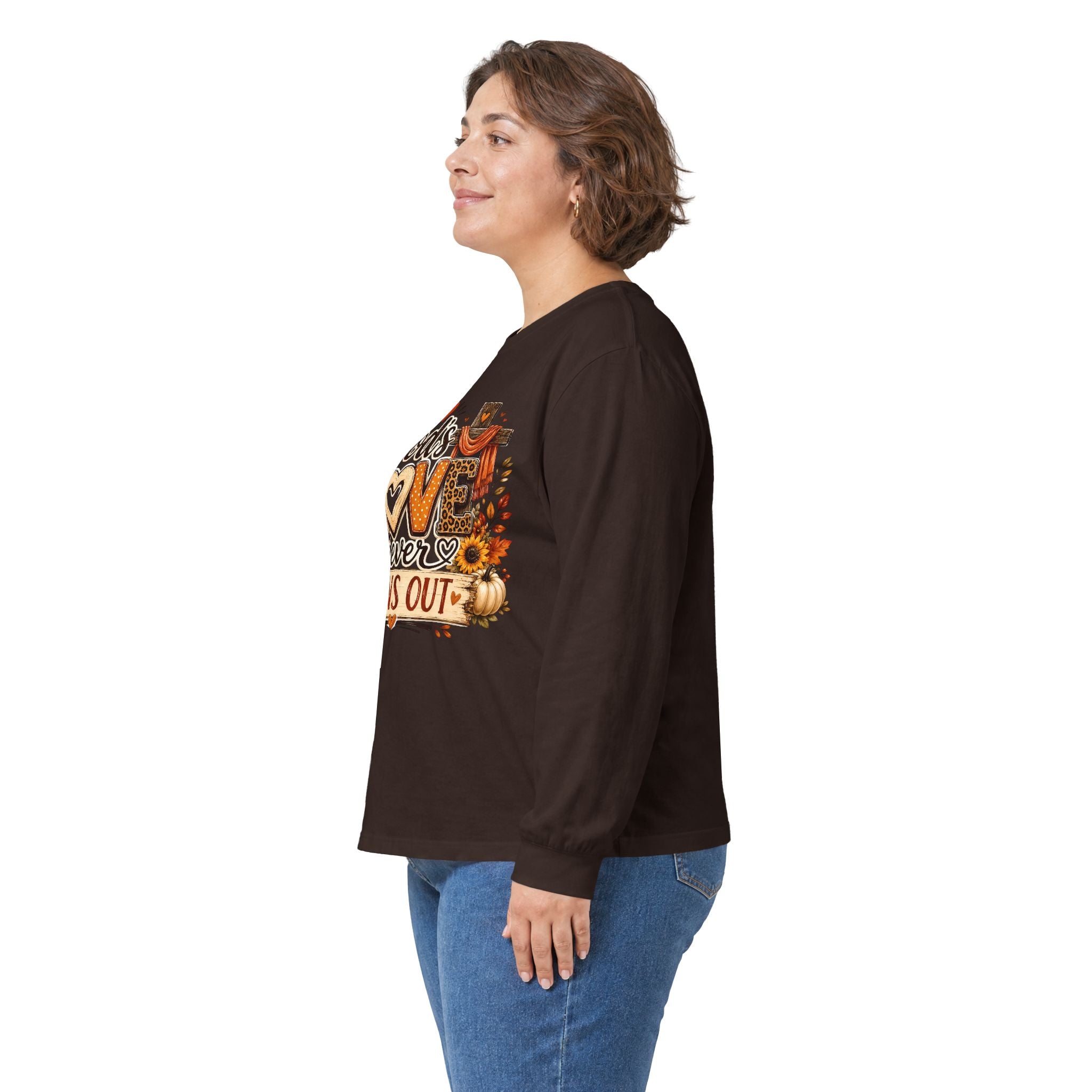 God's Love Never Runs Out Long Sleeve Tee — Fall Christian Thanksgiving Shirt