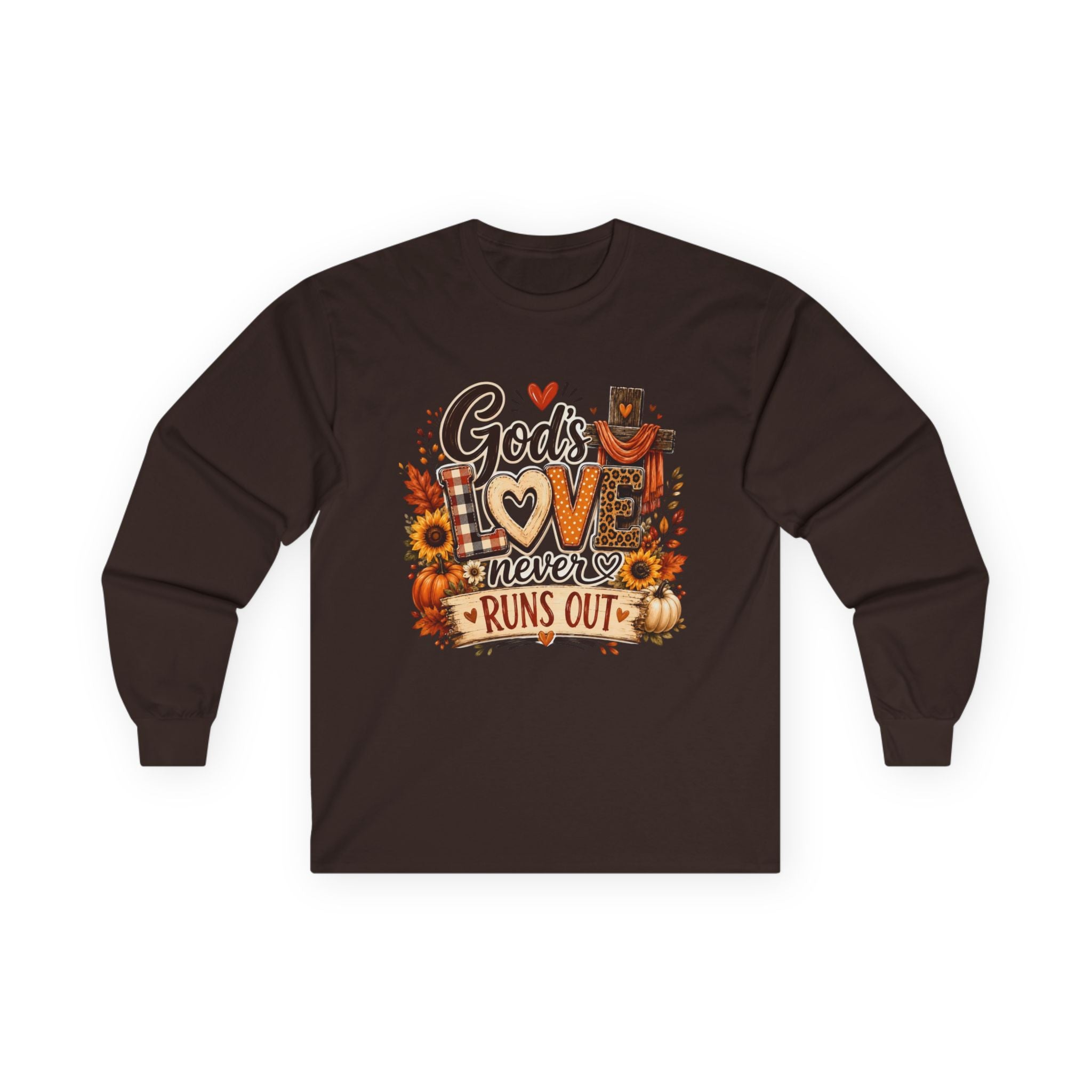 God's Love Never Runs Out Long Sleeve Tee — Fall Christian Thanksgiving Shirt
