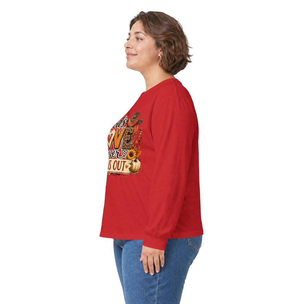 God's Love Never Runs Out Long Sleeve Tee — Fall Christian Thanksgiving Shirt