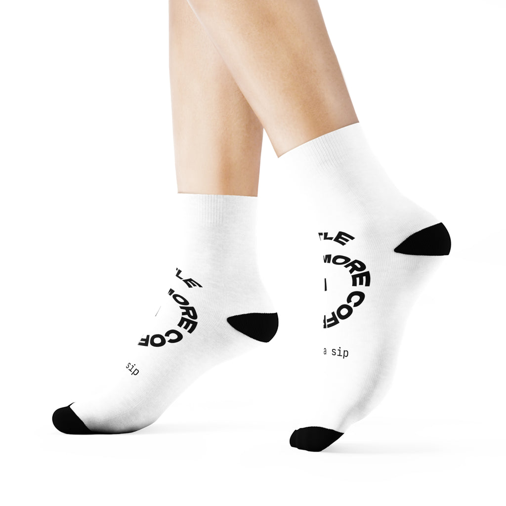 Coffee First Crew Socks — “More Coffee Less Hustle” Graphic Athletic Socks