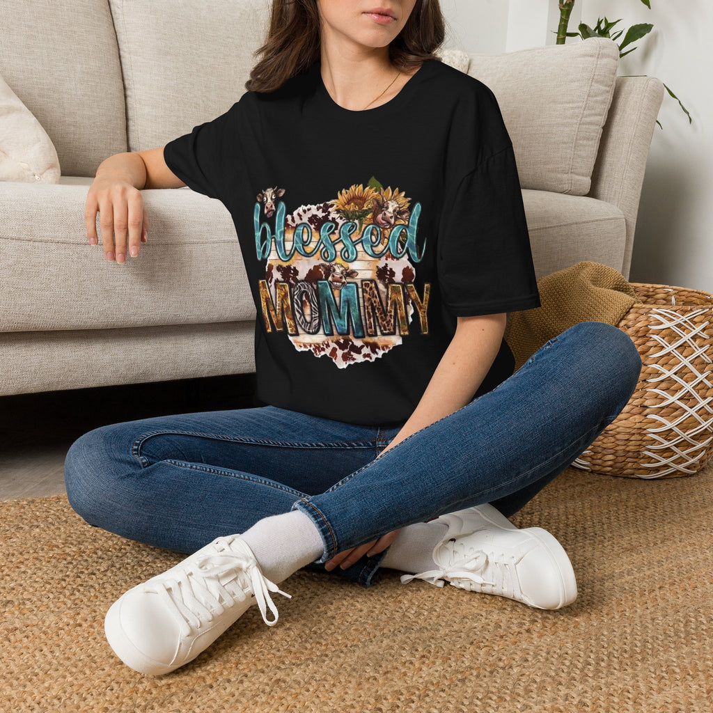 Blessed Mommy T‑Shirt — Floral Cowprint Mom Tee