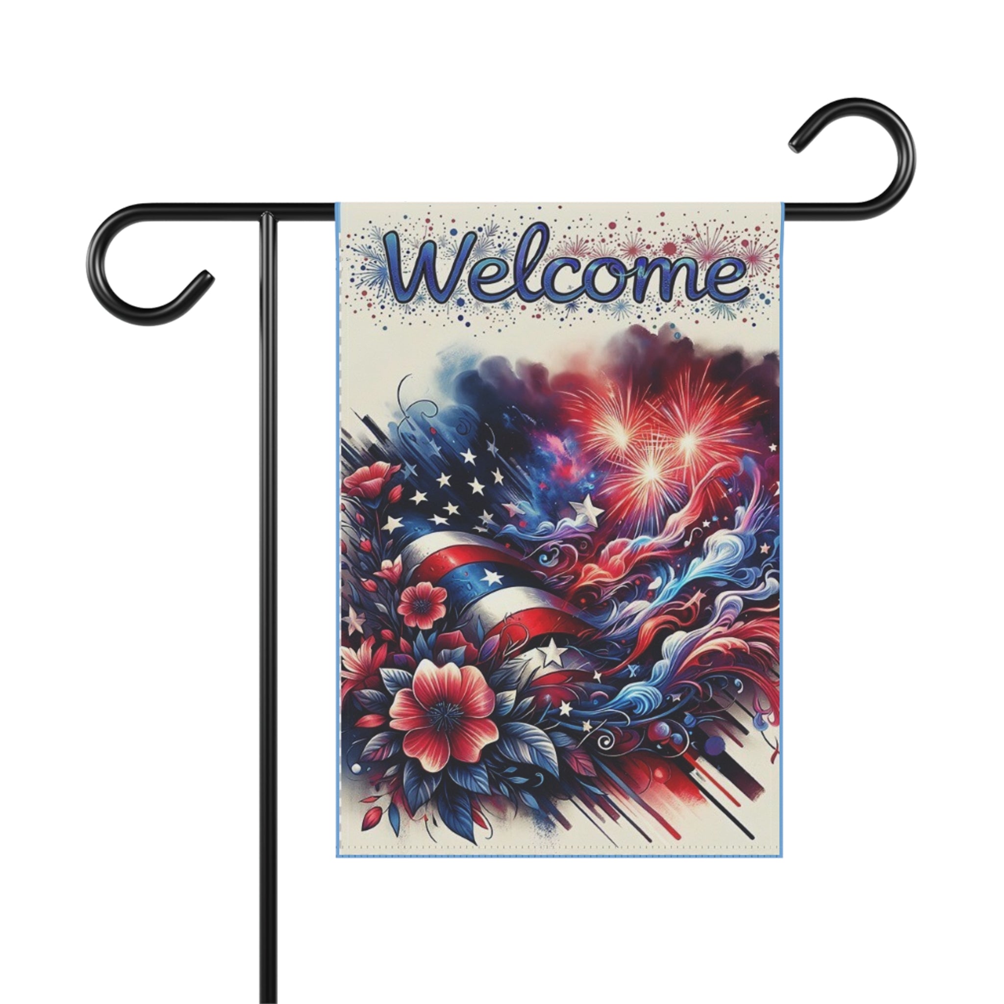 Welcome Garden Flag — Patriotic American Flag & Fireworks Floral Garden Banner