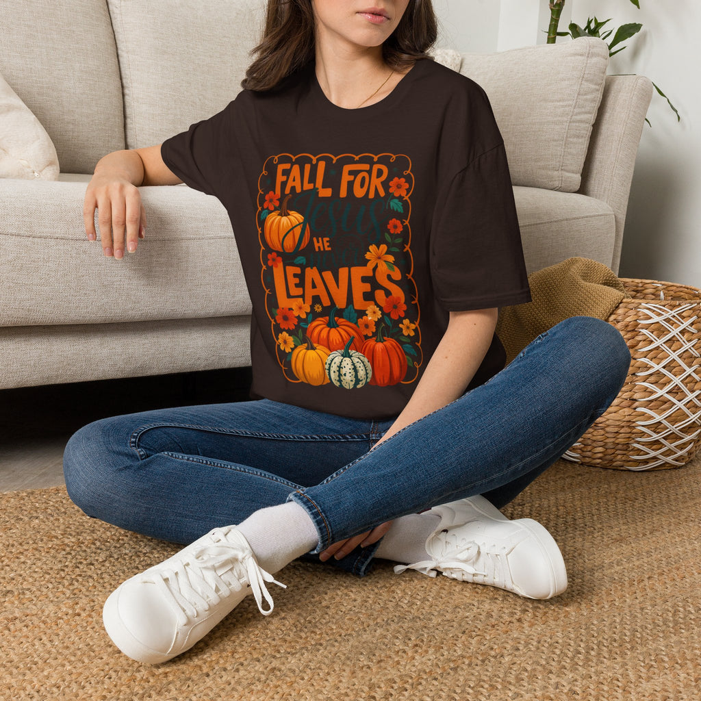 Fall For Jesus T-Shirt — Christian Autumn Pumpkin Tee ("He Never Leaves")