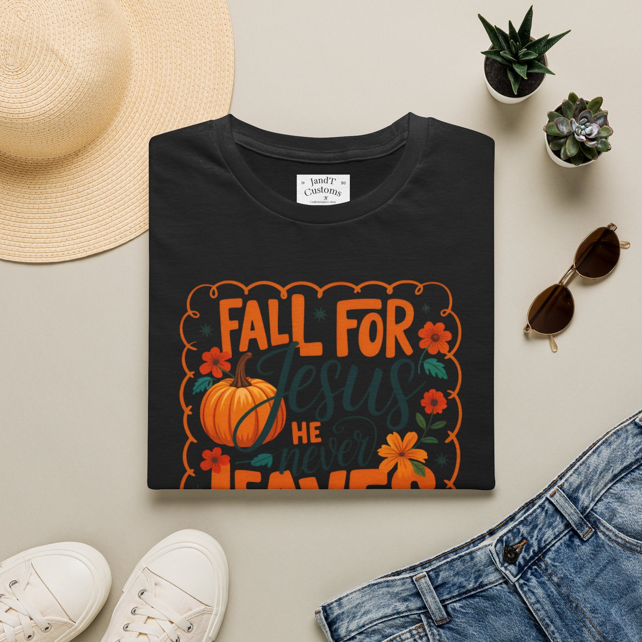 Fall For Jesus T-Shirt — Christian Autumn Pumpkin Tee ("He Never Leaves")