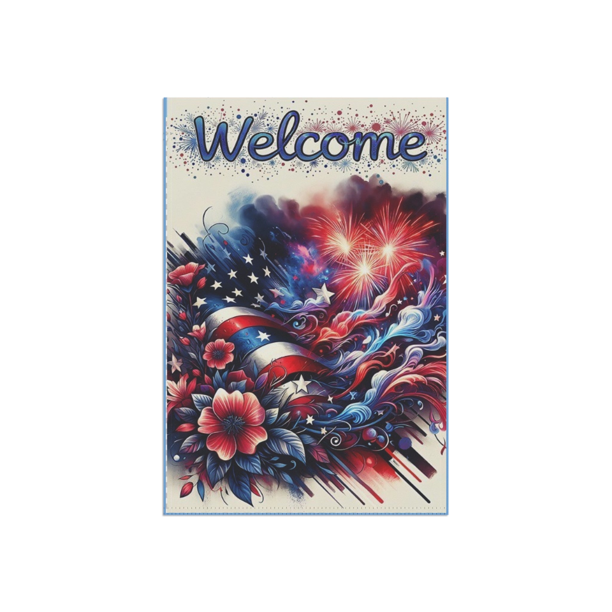 Welcome Garden Flag — Patriotic American Flag & Fireworks Floral Garden Banner