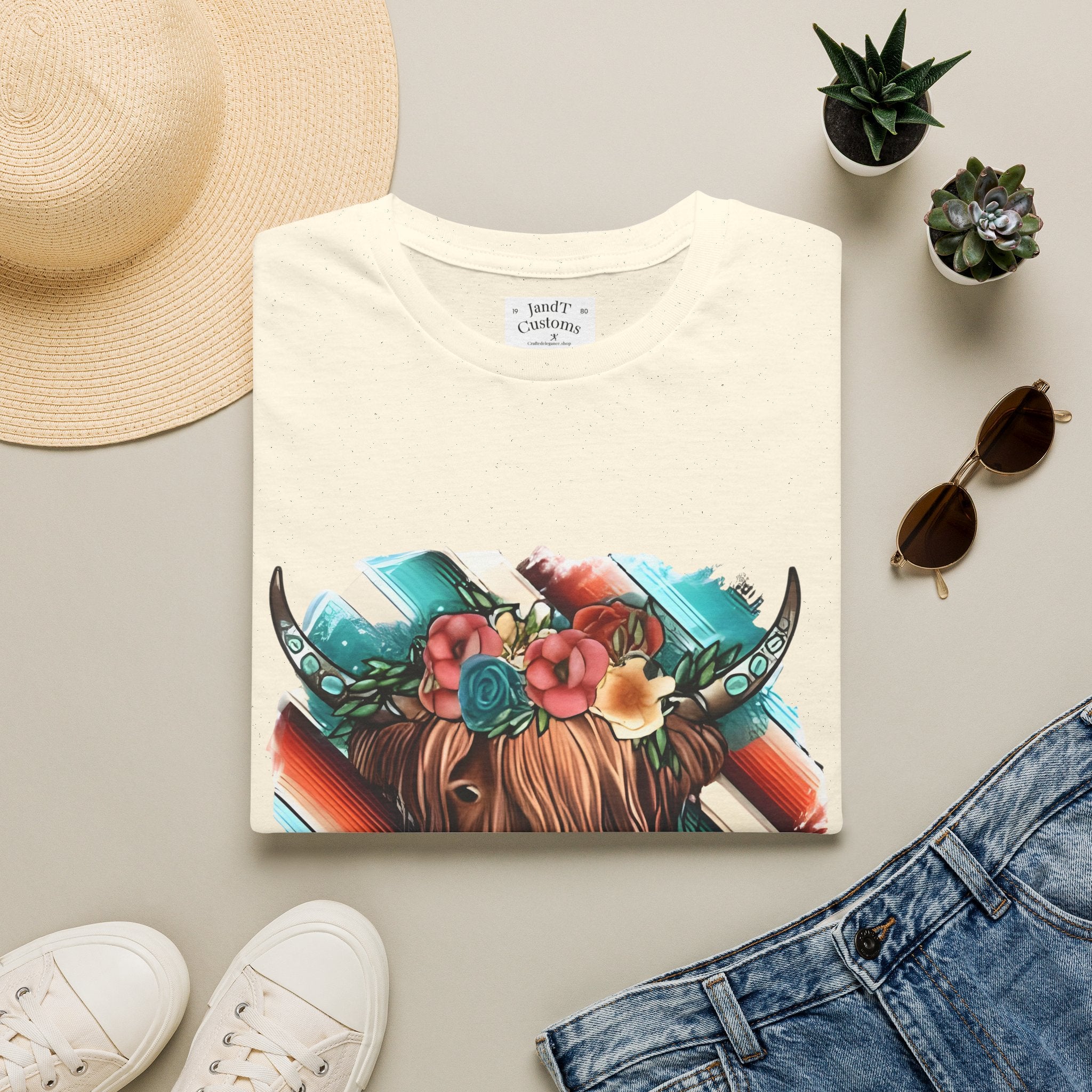 Floral Highland Cow T-Shirt — Boho Cow With Flower Crown Graphic Tee