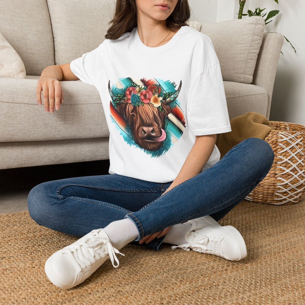 Floral Highland Cow T-Shirt — Boho Cow With Flower Crown Graphic Tee