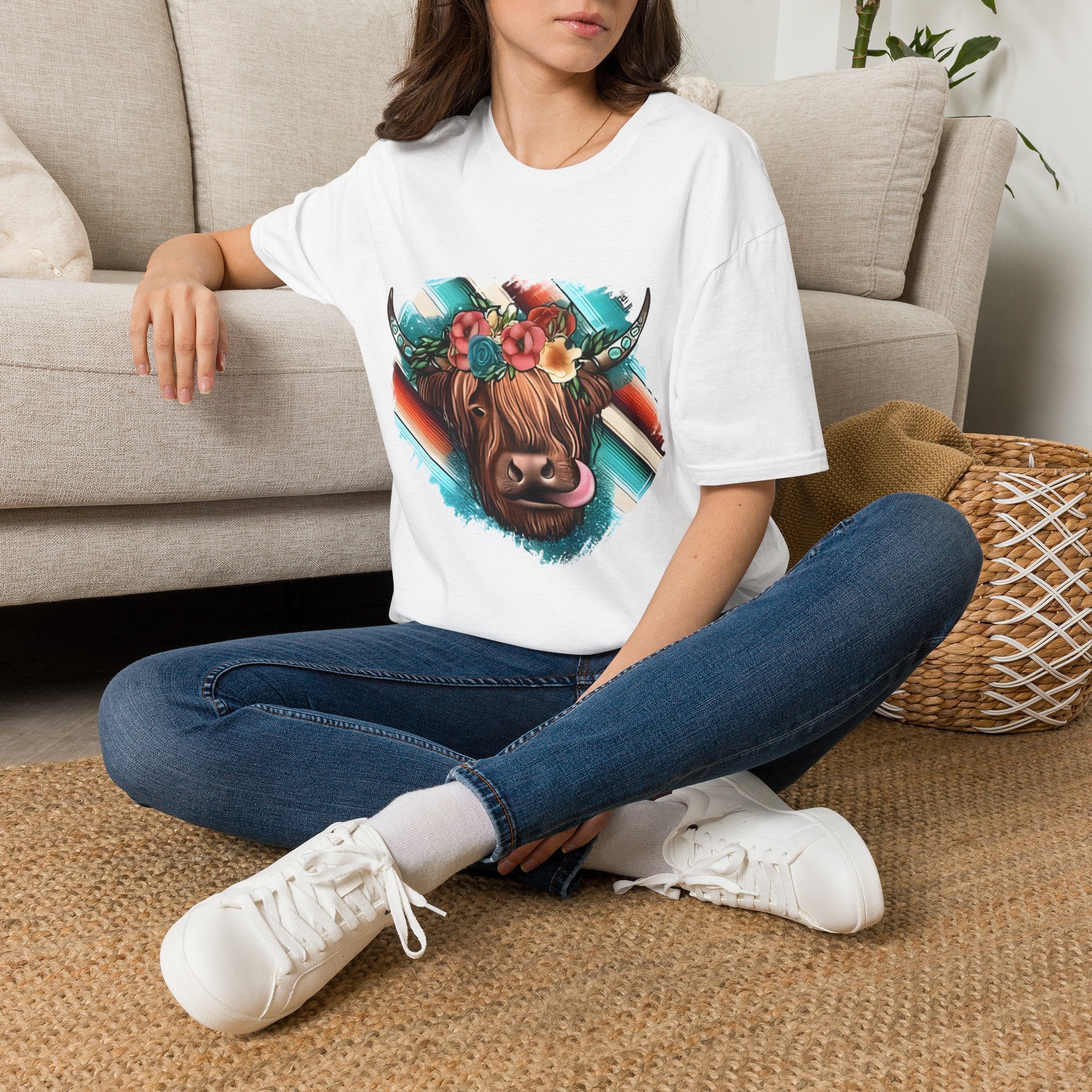 Floral Highland Cow T-Shirt — Boho Cow With Flower Crown Graphic Tee