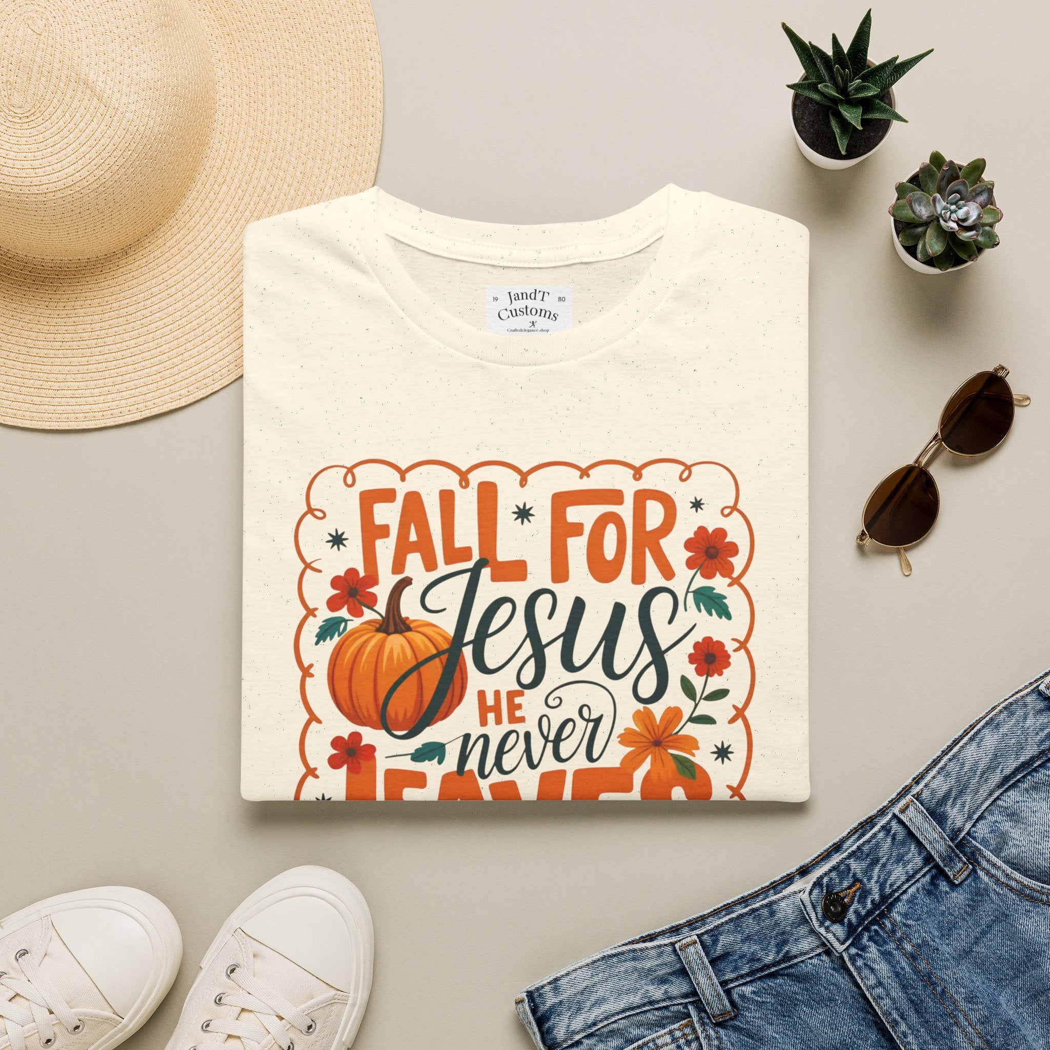 Fall For Jesus T-Shirt — Christian Autumn Pumpkin Tee ("He Never Leaves")