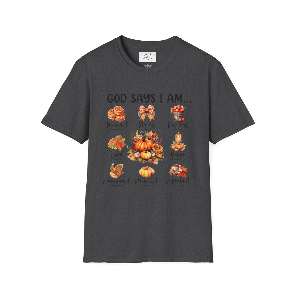 Faith-Based Fall T-Shirt — "God Says I Am" Thanksgiving Blessings Tee