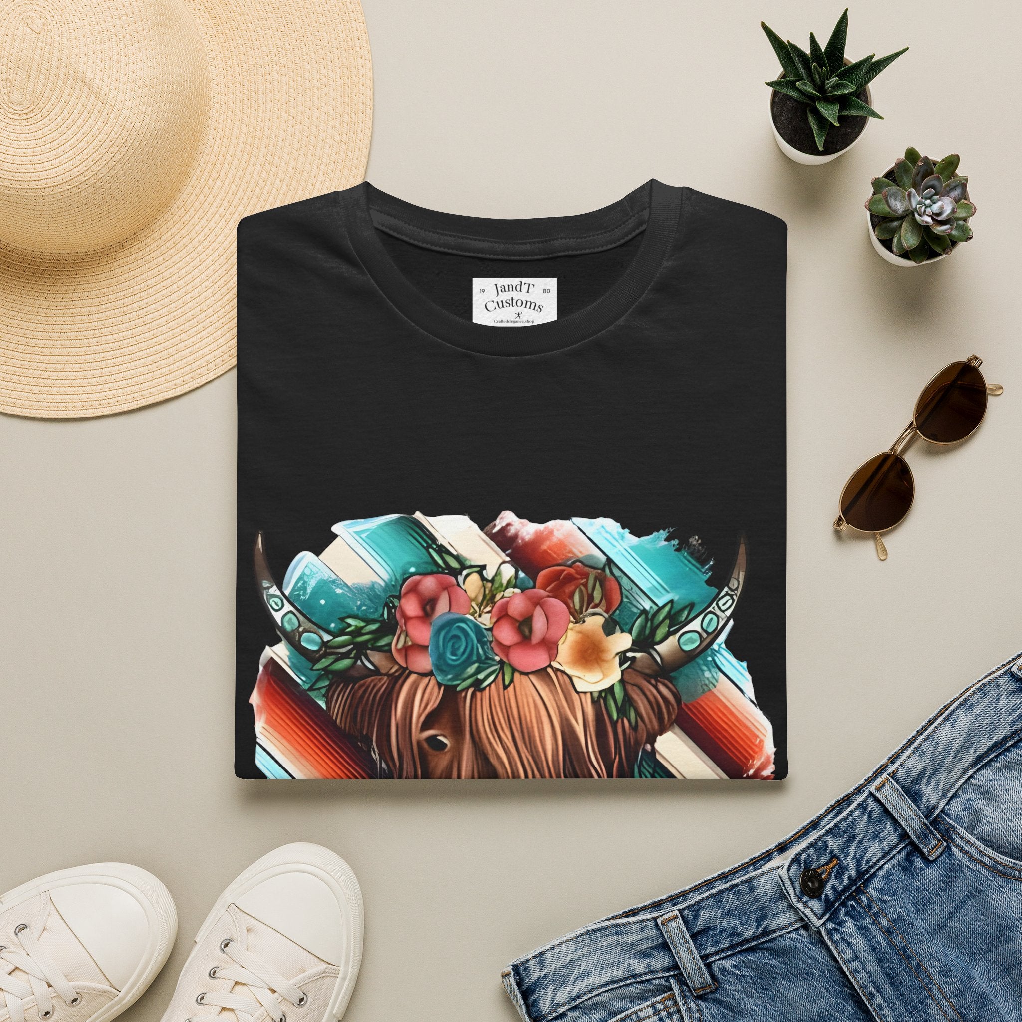 Floral Highland Cow T-Shirt — Boho Cow With Flower Crown Graphic Tee