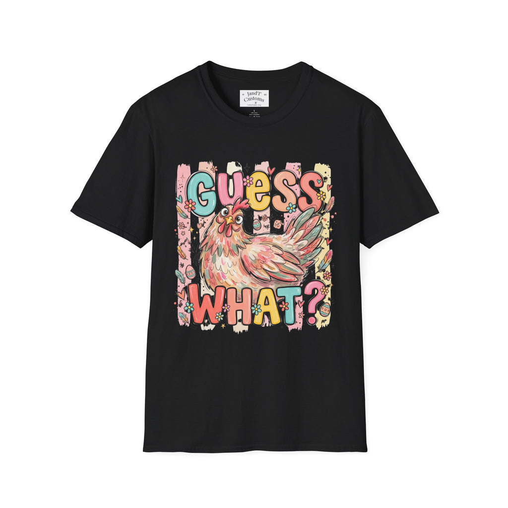 Guess What? Colorful Rooster Graphic T-Shirt — Playful Farm Animal Tee