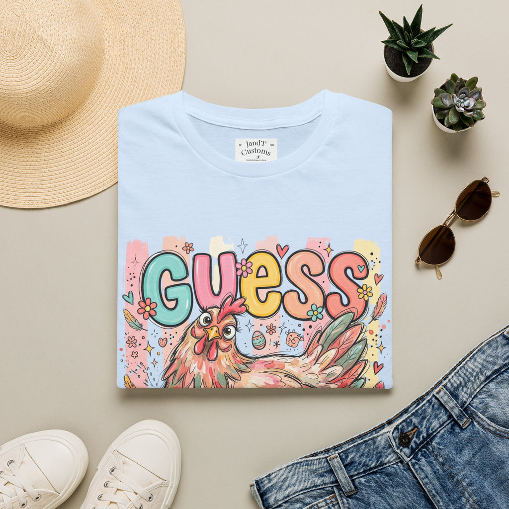 Guess What? Colorful Rooster Graphic T-Shirt — Playful Farm Animal Tee