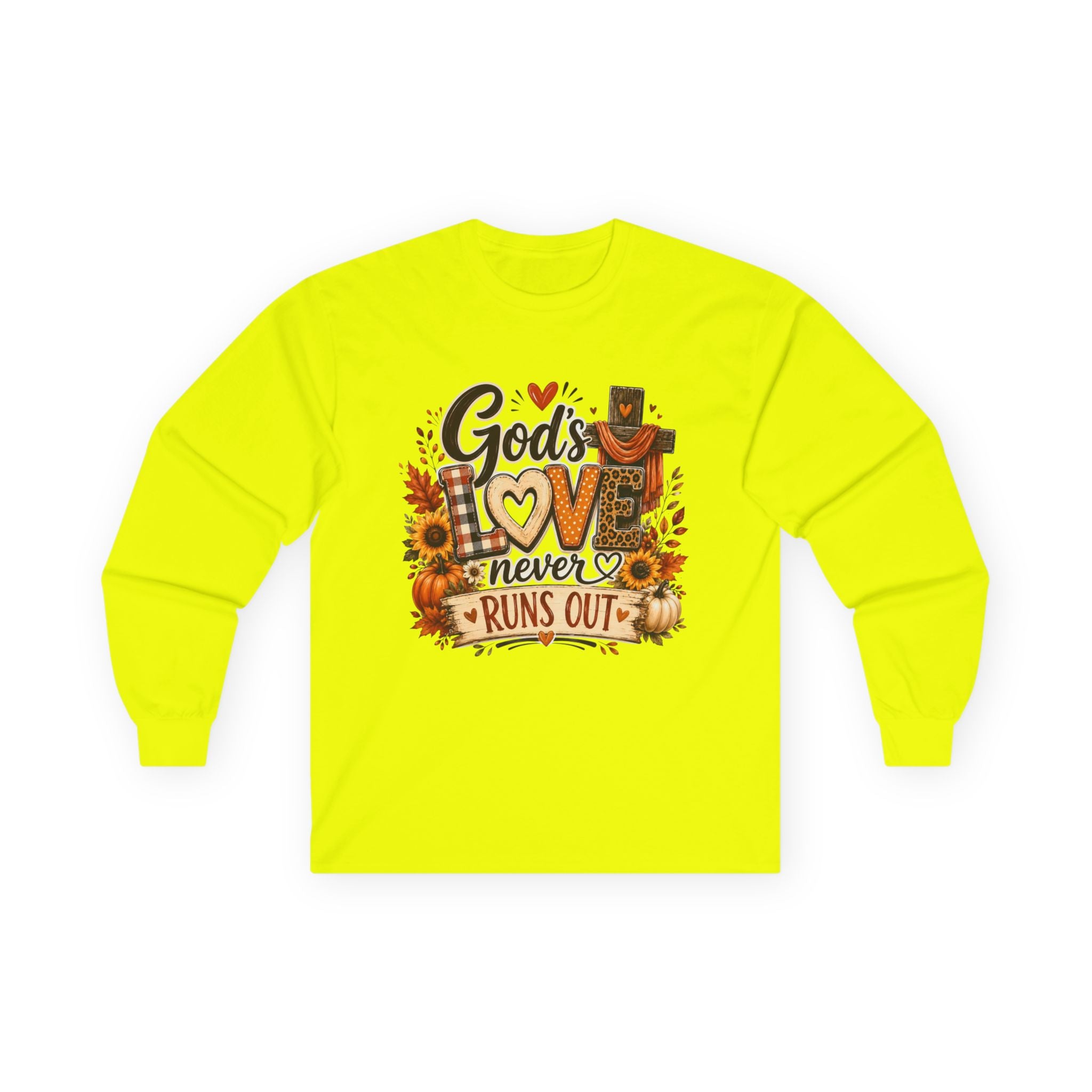 God's Love Never Runs Out Long Sleeve Tee — Fall Christian Thanksgiving Shirt