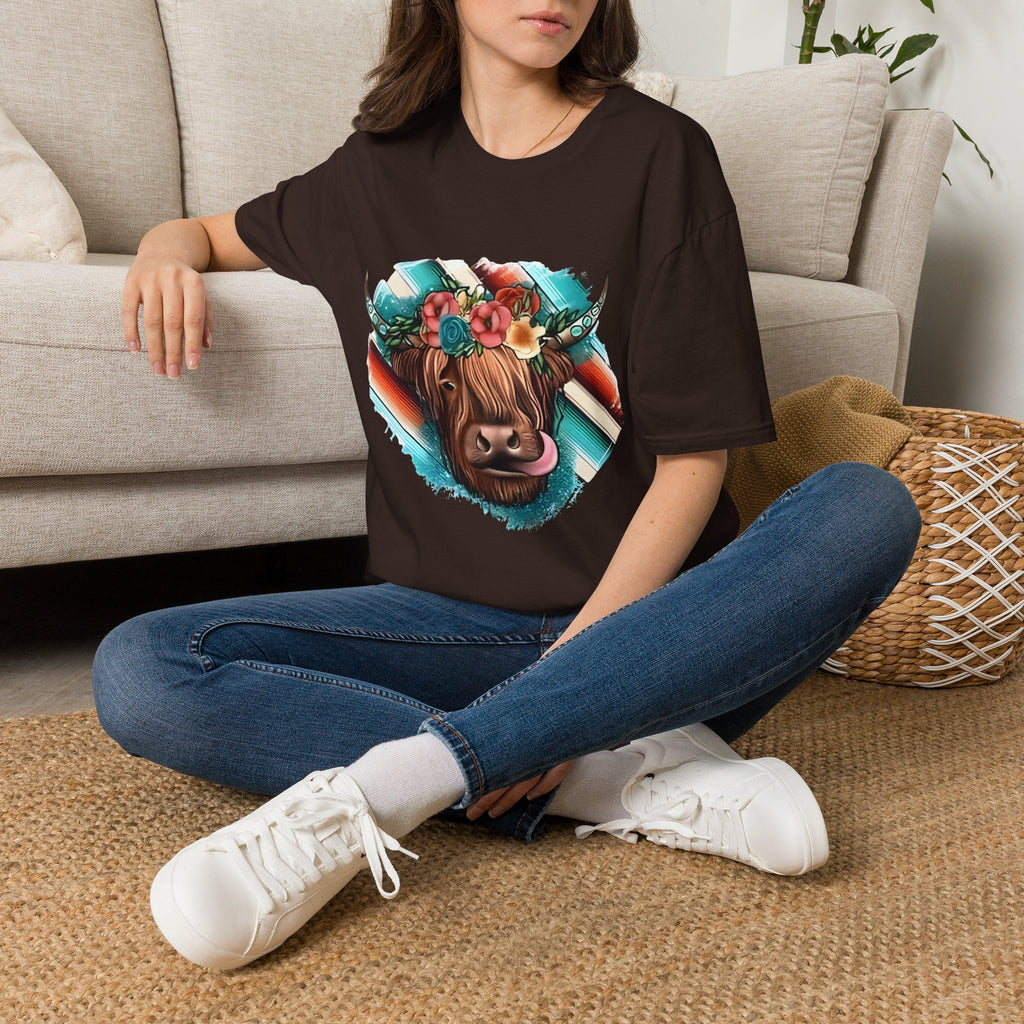 Floral Highland Cow T-Shirt — Boho Cow With Flower Crown Graphic Tee