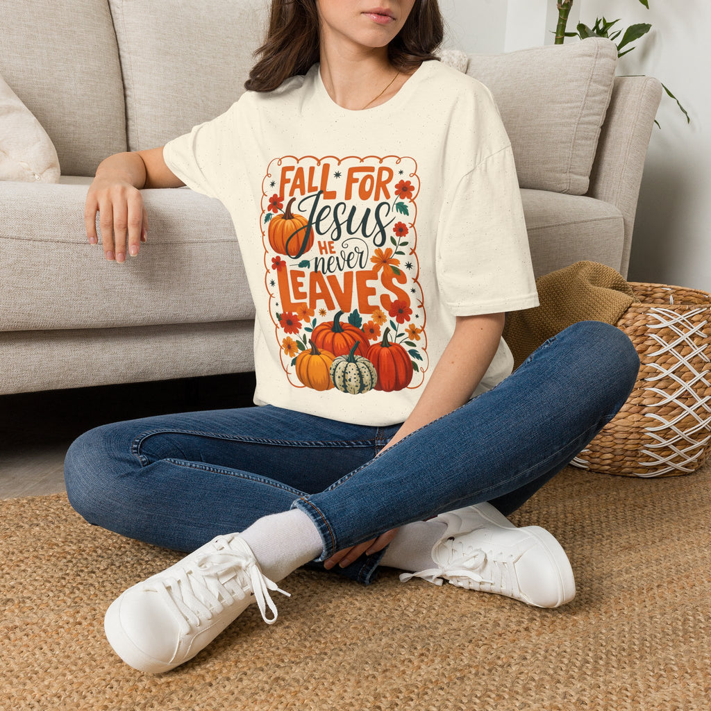 Fall For Jesus T-Shirt — Christian Autumn Pumpkin Tee ("He Never Leaves")