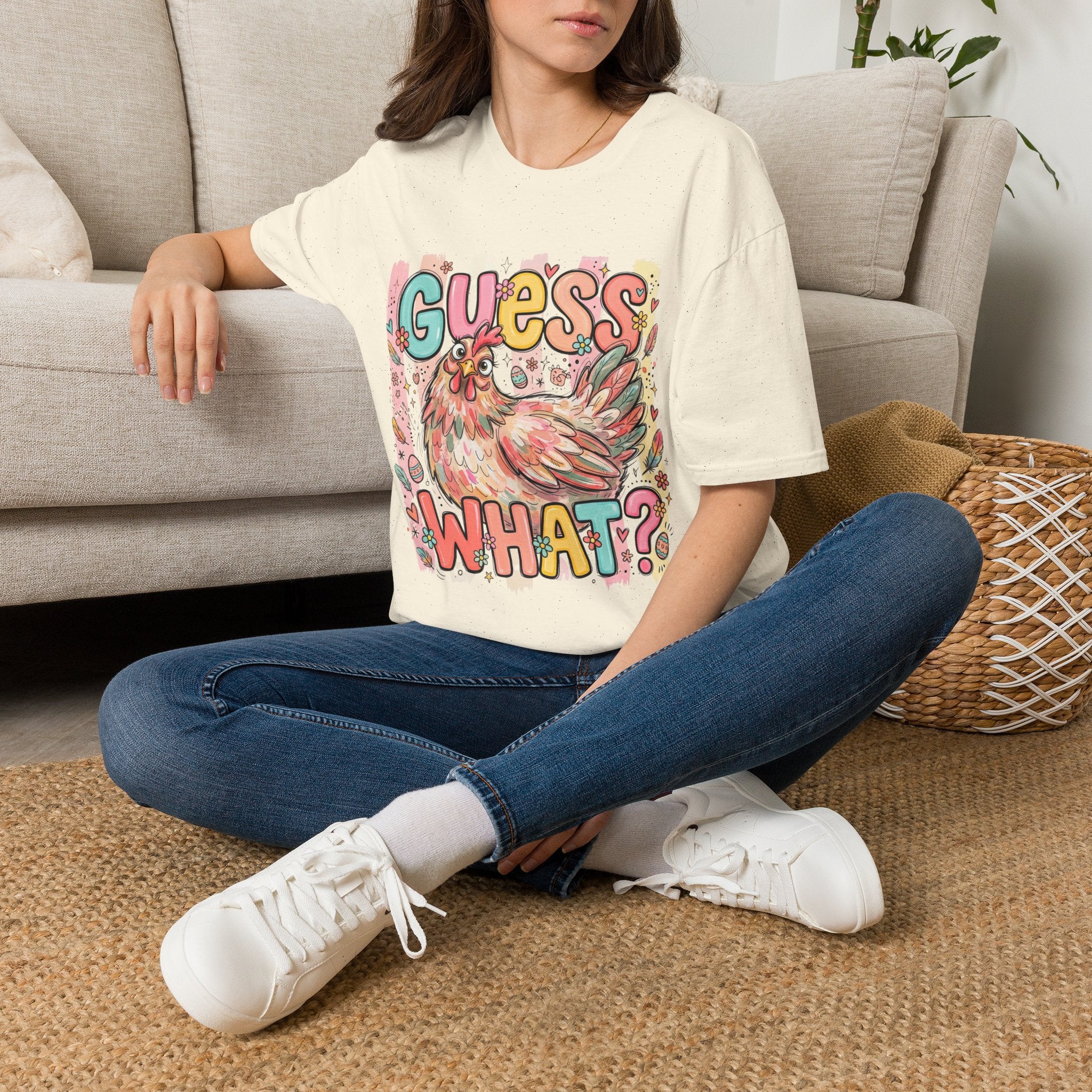 Guess What? Colorful Rooster Graphic T-Shirt — Playful Farm Animal Tee