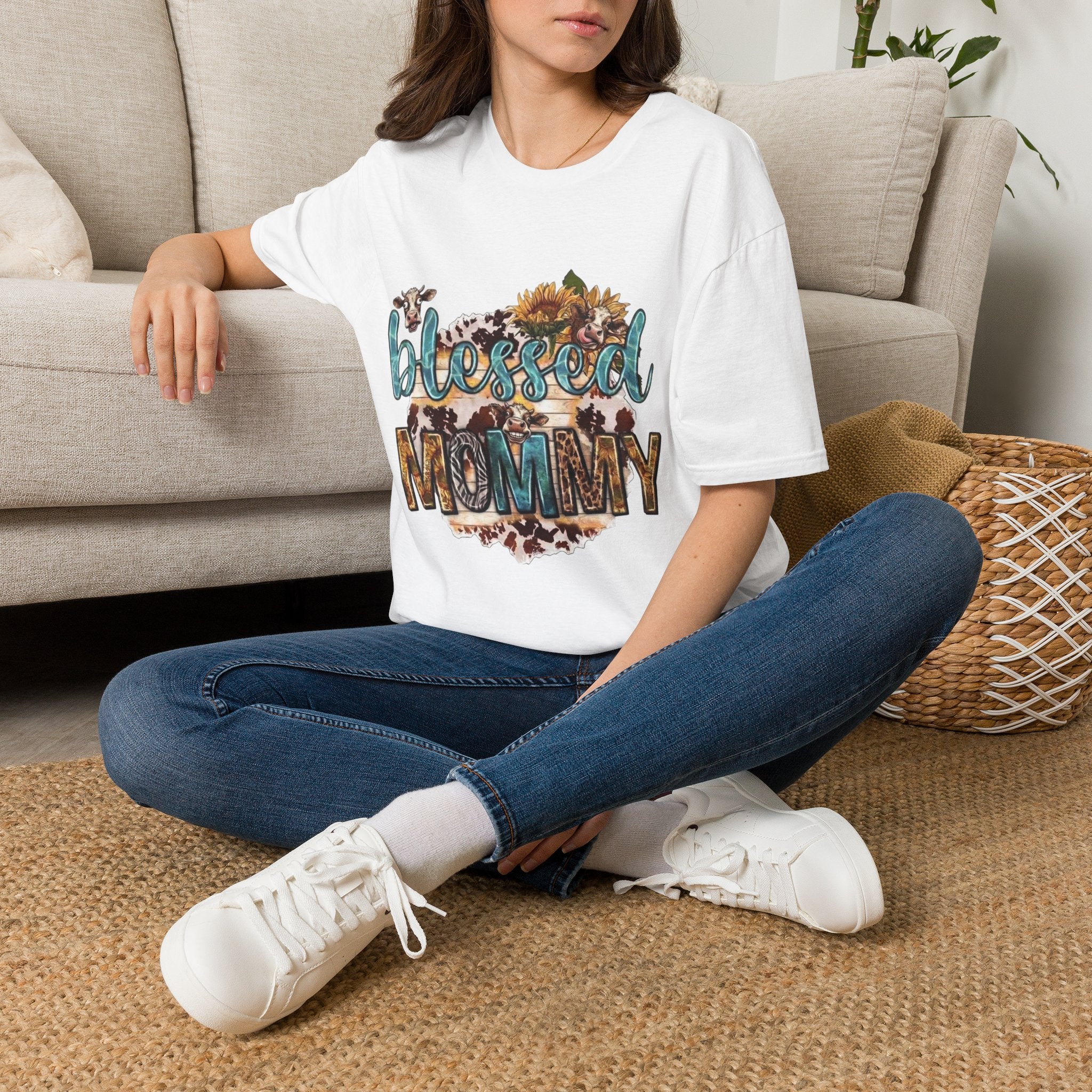 Blessed Mommy T‑Shirt — Floral Cowprint Mom Tee
