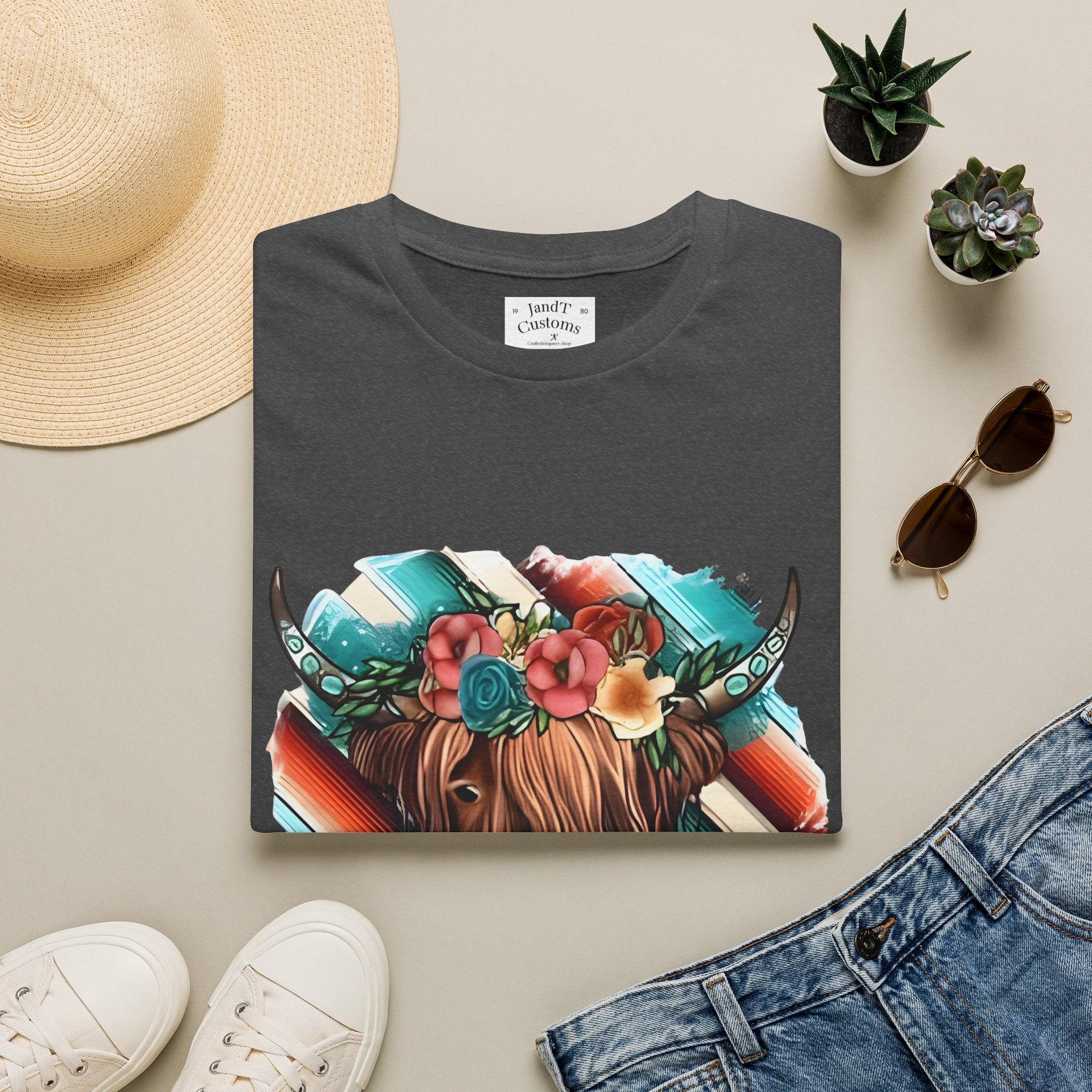 Floral Highland Cow T-Shirt — Boho Cow With Flower Crown Graphic Tee