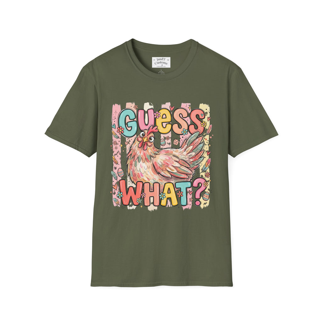 Guess What? Colorful Rooster Graphic T-Shirt — Playful Farm Animal Tee
