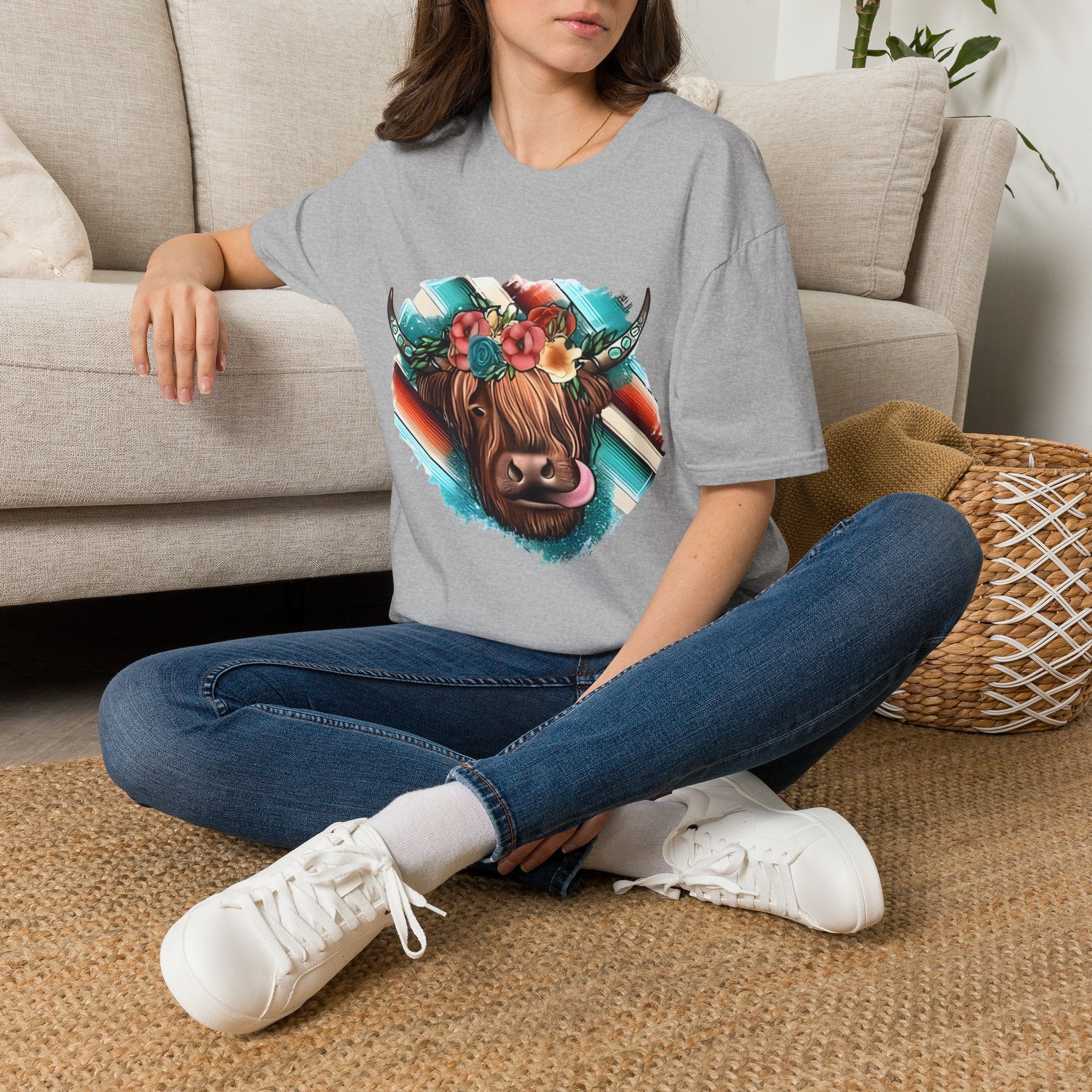 Floral Highland Cow T-Shirt — Boho Cow With Flower Crown Graphic Tee