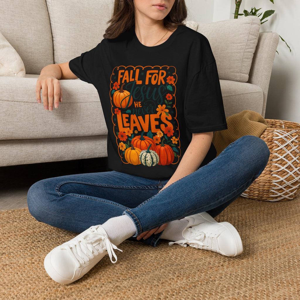 Fall For Jesus T-Shirt — Christian Autumn Pumpkin Tee ("He Never Leaves")