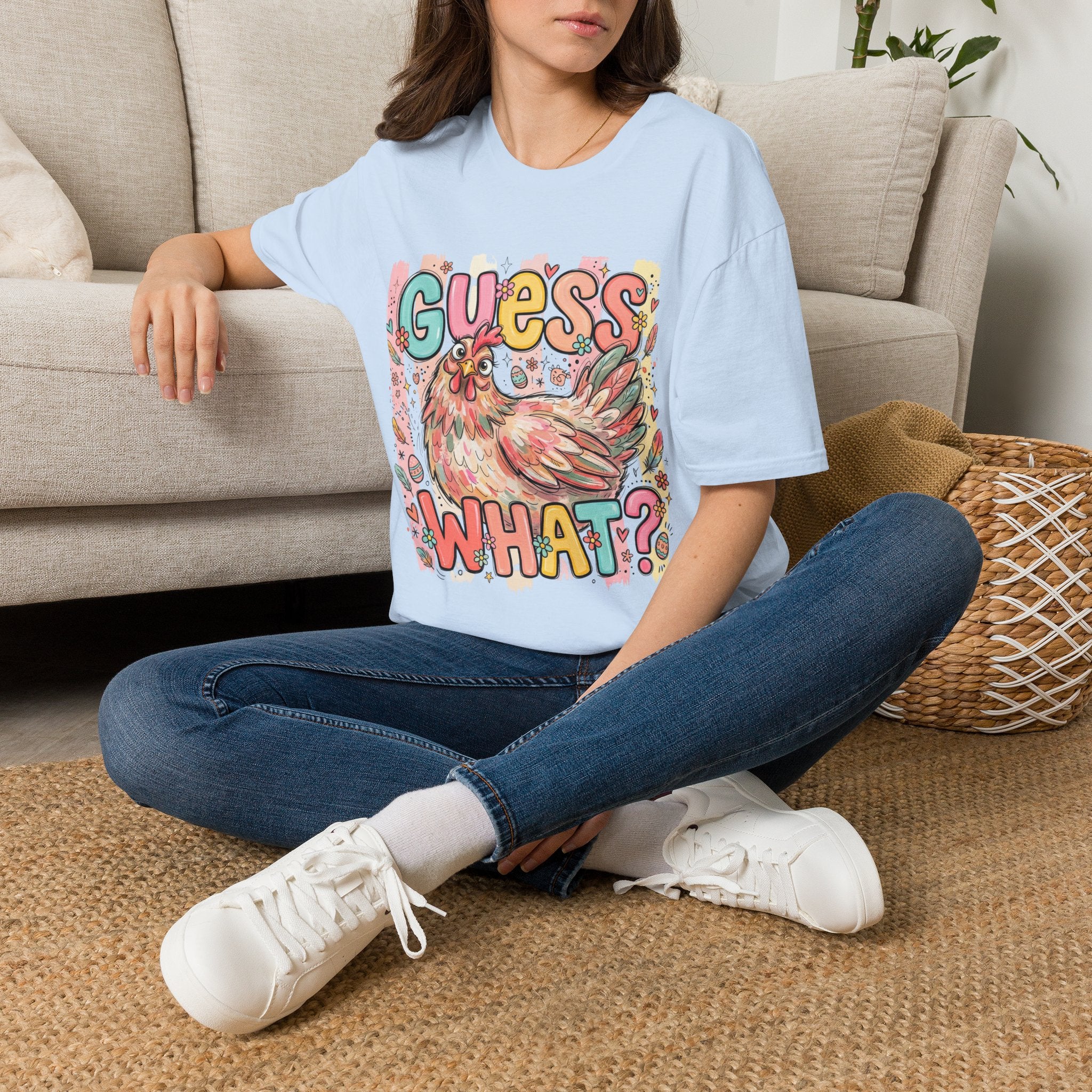 Guess What? Colorful Rooster Graphic T-Shirt — Playful Farm Animal Tee