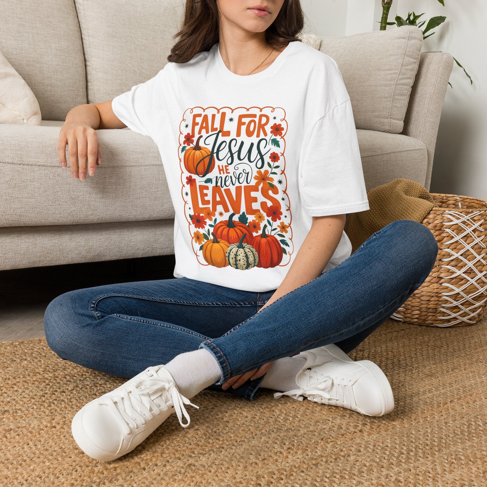 Fall For Jesus T-Shirt — Christian Autumn Pumpkin Tee ("He Never Leaves")