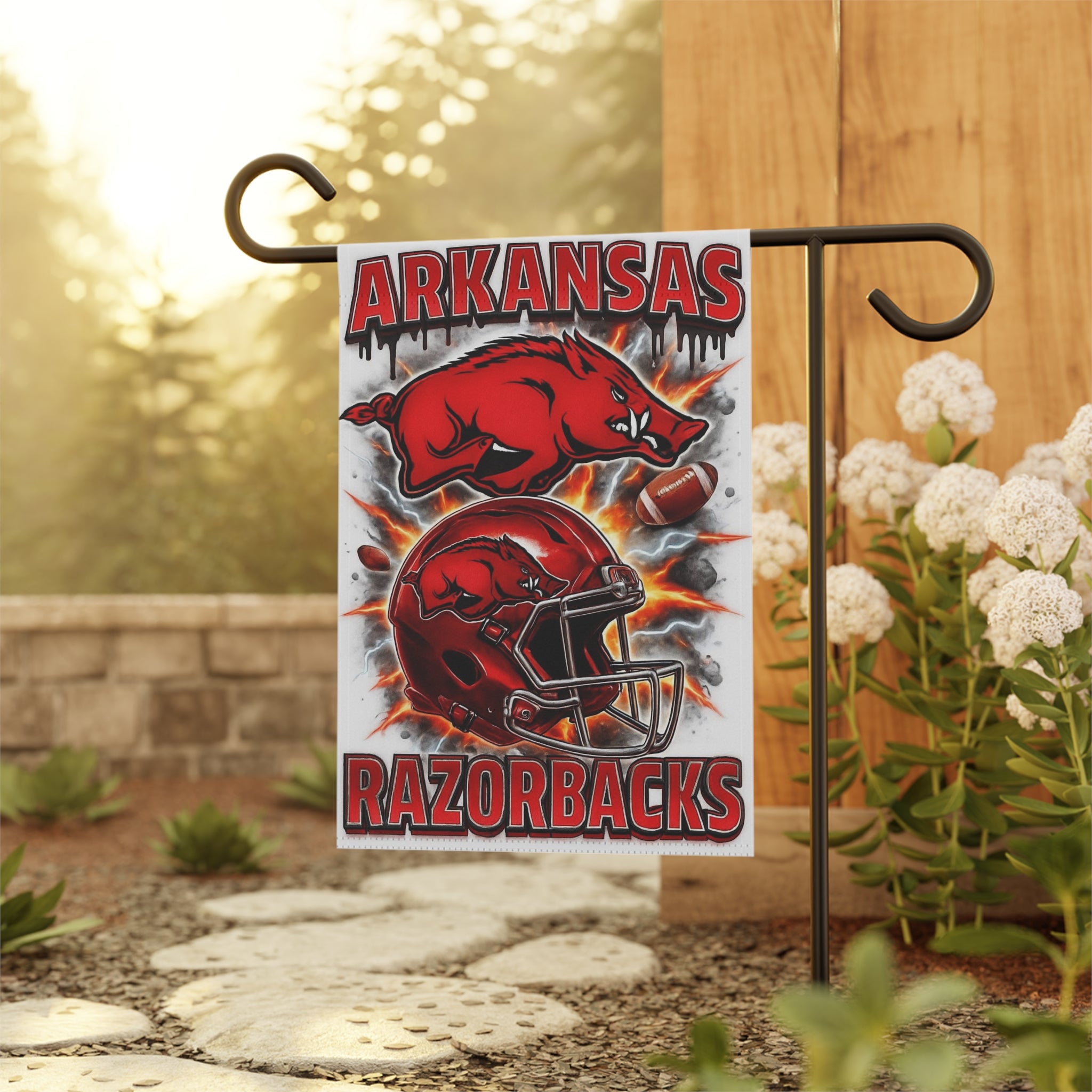Arkansas Razorbacks Garden Flag — Football Helmet & Hog Yard Banner