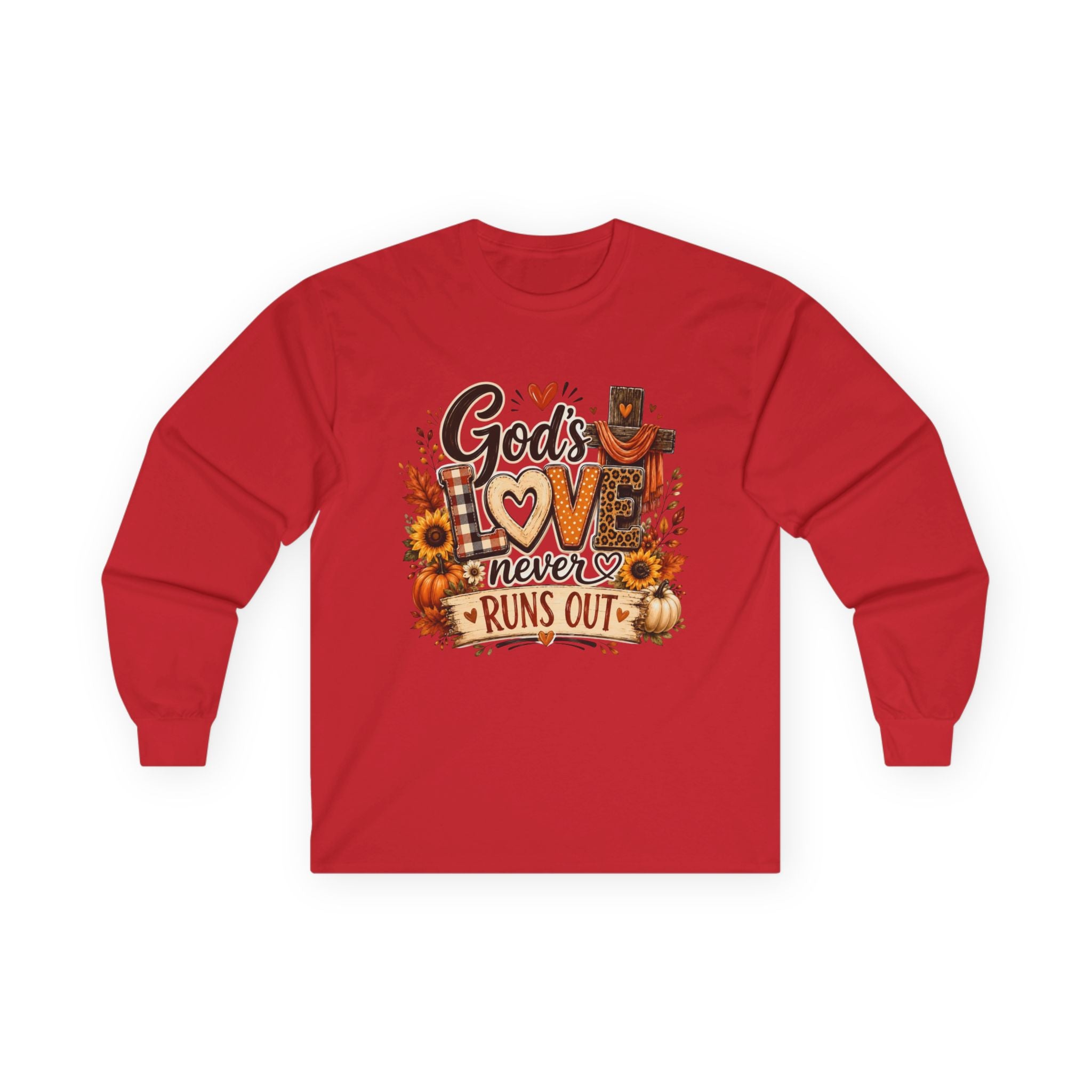 God's Love Never Runs Out Long Sleeve Tee — Fall Christian Thanksgiving Shirt