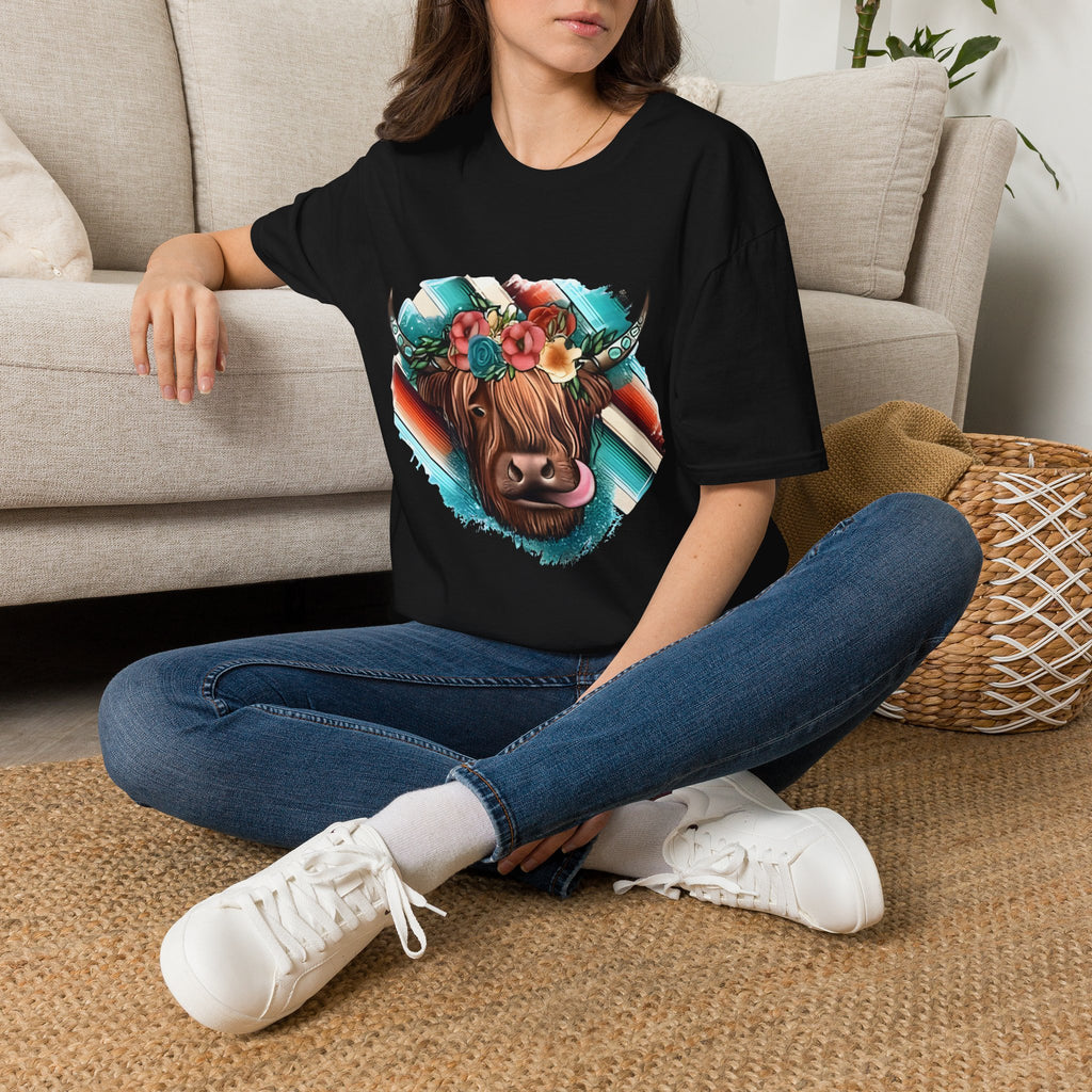 Floral Highland Cow T-Shirt — Boho Cow With Flower Crown Graphic Tee
