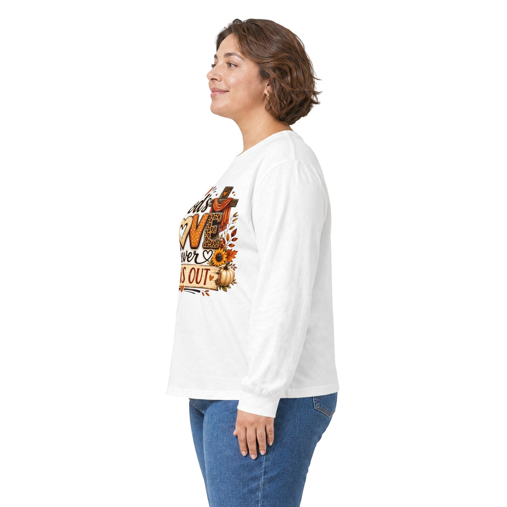 God's Love Never Runs Out Long Sleeve Tee — Fall Christian Thanksgiving Shirt