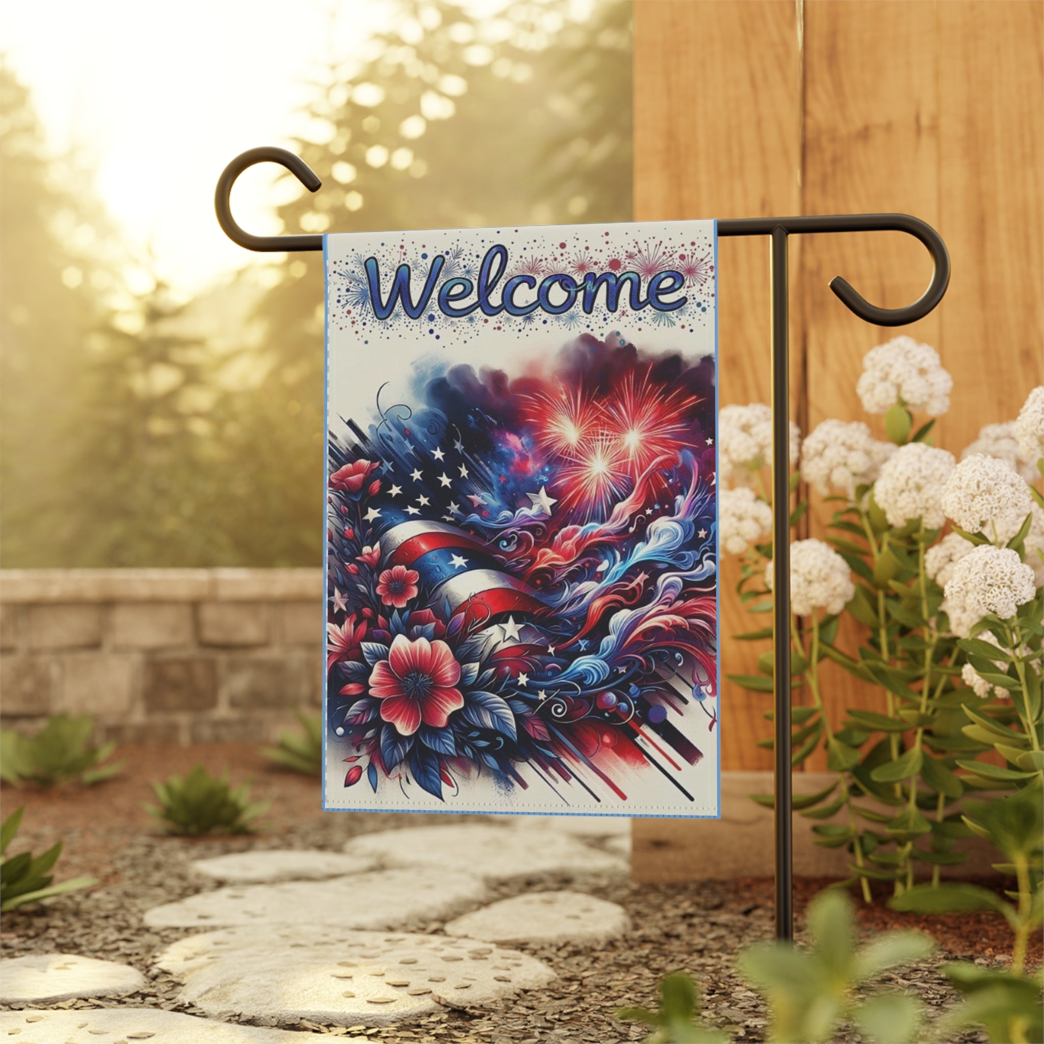 Welcome Garden Flag — Patriotic American Flag & Fireworks Floral Garden Banner