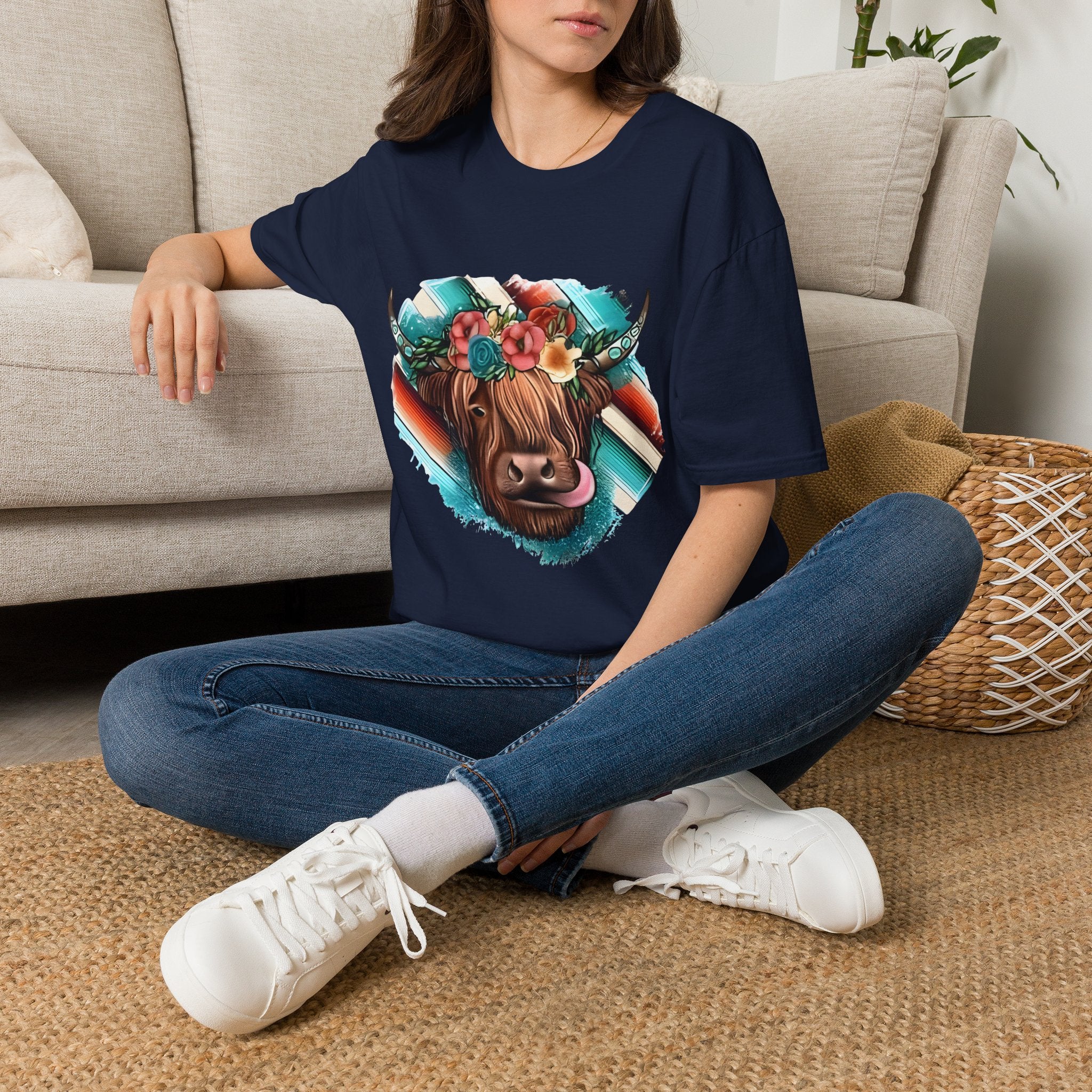 Floral Highland Cow T-Shirt — Boho Cow With Flower Crown Graphic Tee