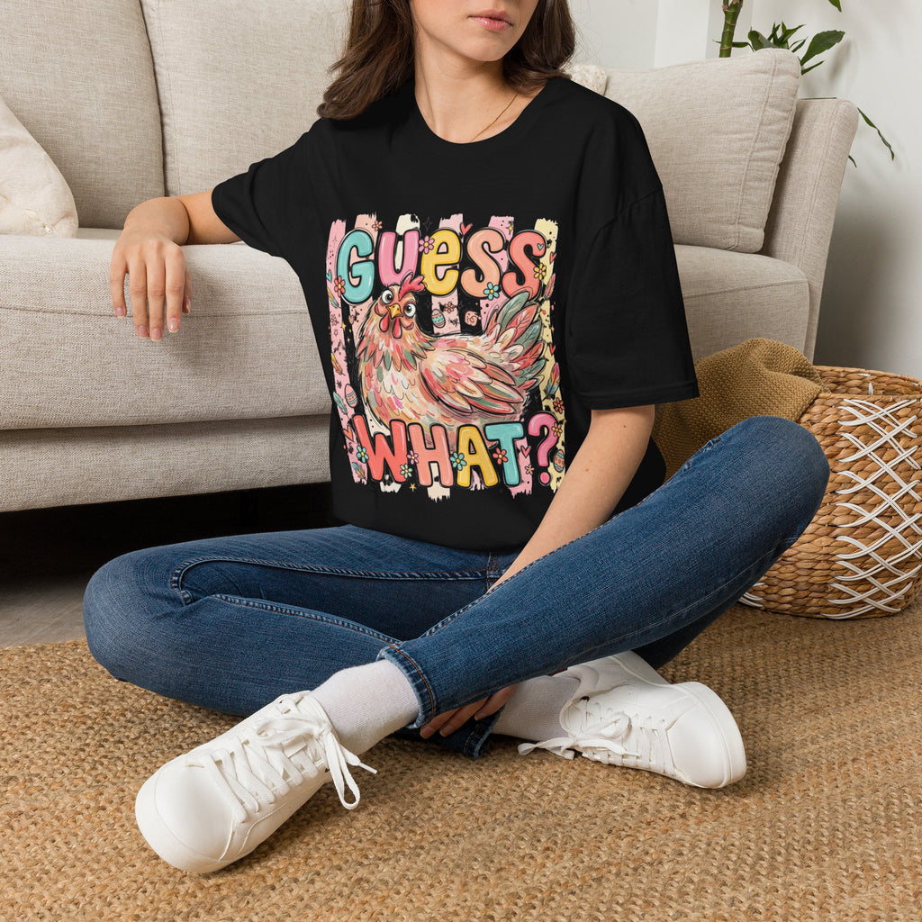 Guess What? Colorful Rooster Graphic T-Shirt — Playful Farm Animal Tee