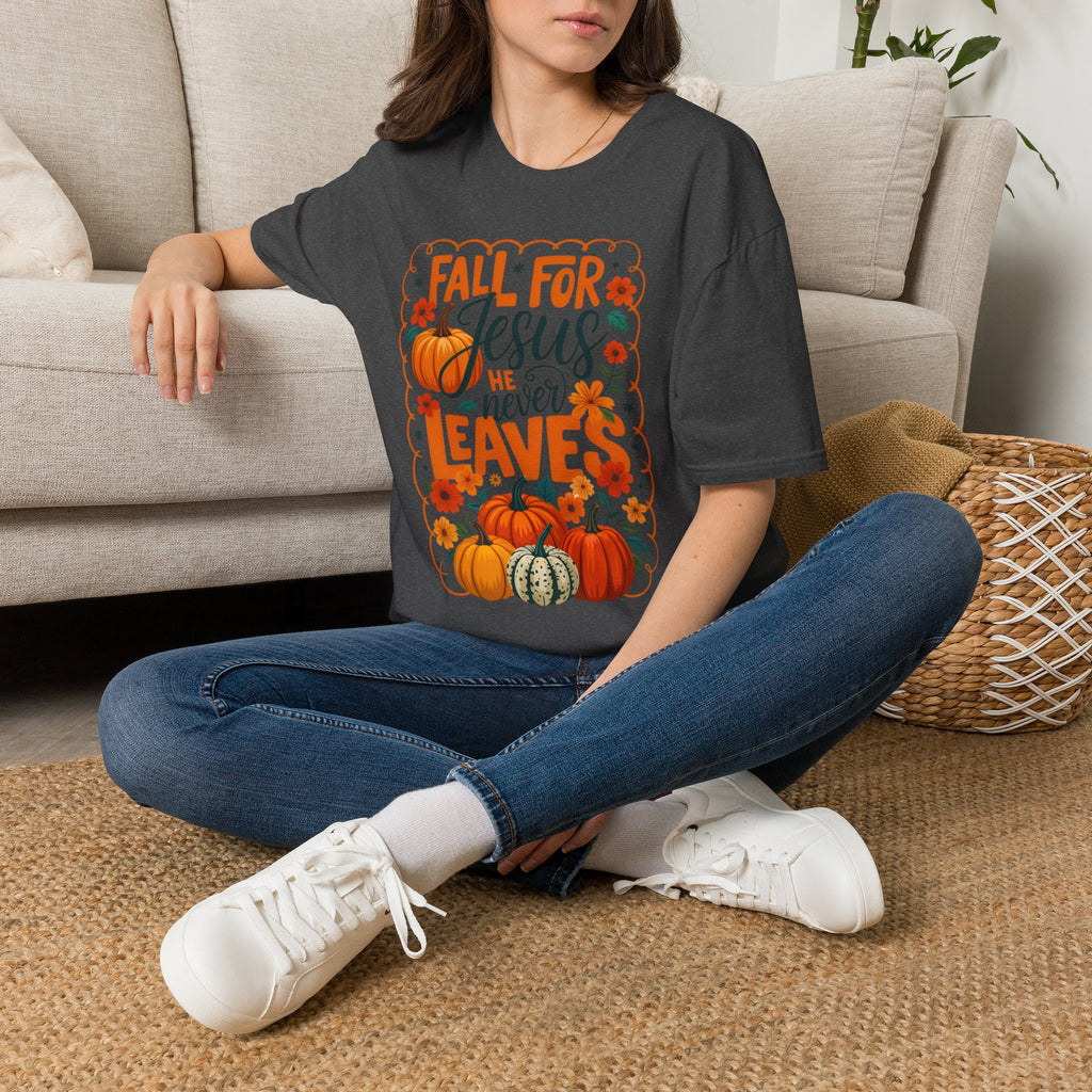 Fall For Jesus T-Shirt — Christian Autumn Pumpkin Tee ("He Never Leaves")