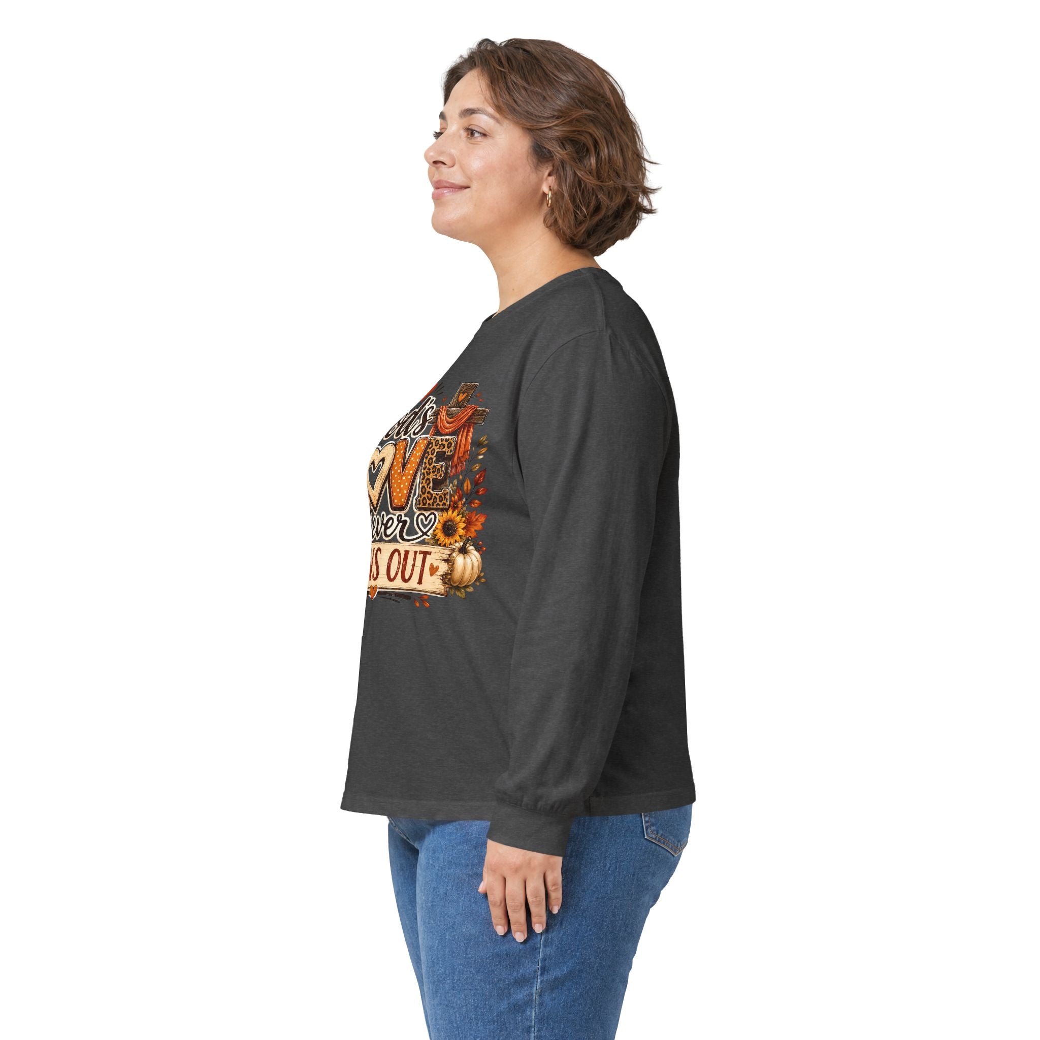 God's Love Never Runs Out Long Sleeve Tee — Fall Christian Thanksgiving Shirt