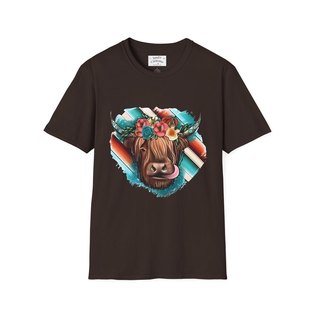 Floral Highland Cow T-Shirt — Boho Cow With Flower Crown Graphic Tee