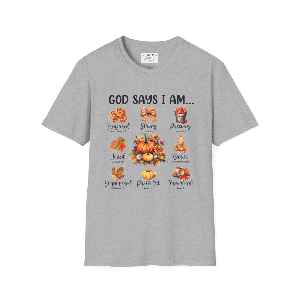 Faith-Based Fall T-Shirt — "God Says I Am" Thanksgiving Blessings Tee