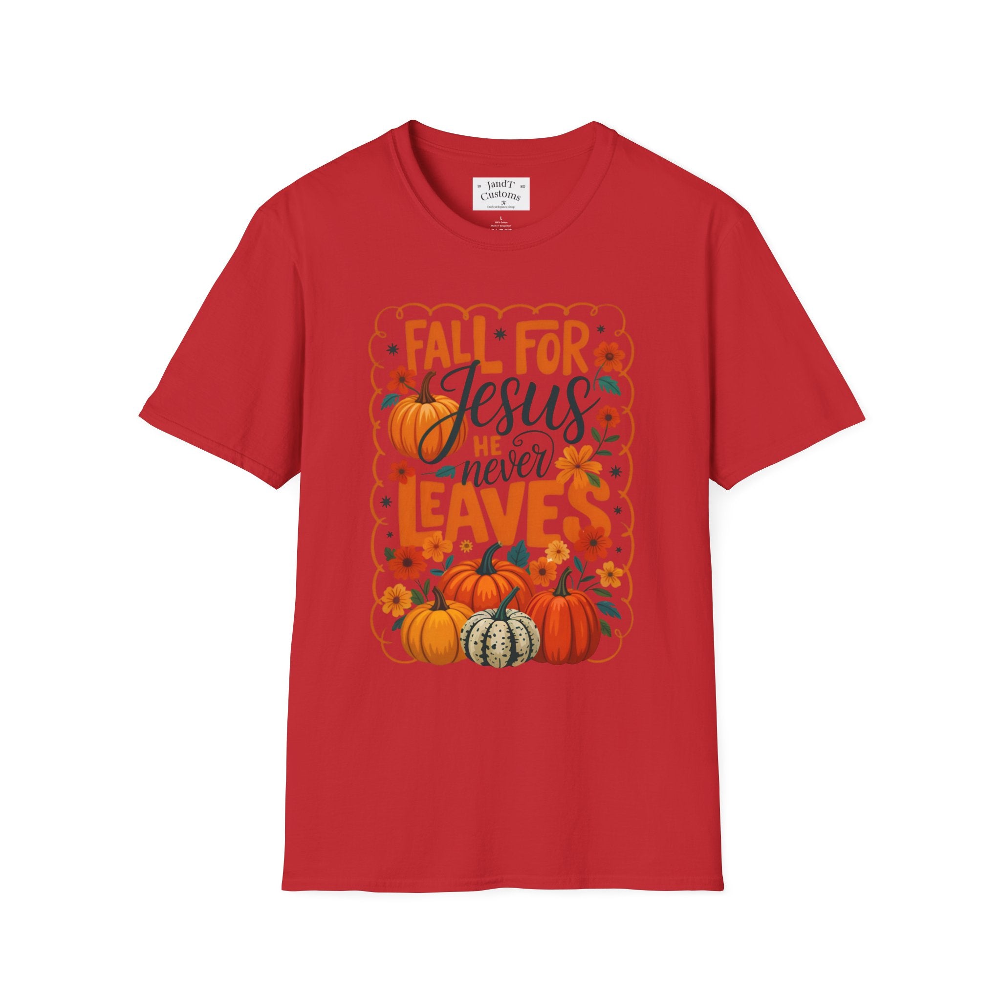 Fall For Jesus T-Shirt — Christian Autumn Pumpkin Tee ("He Never Leaves")