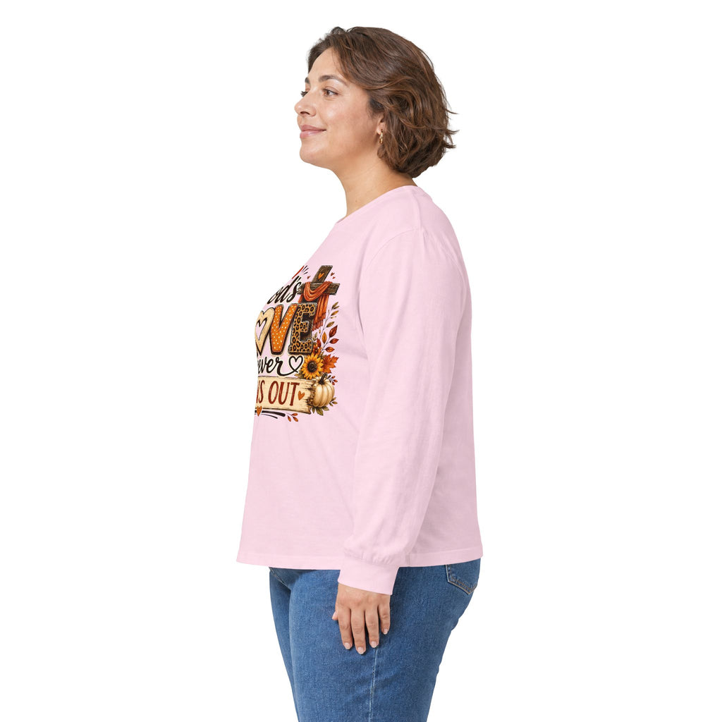 God's Love Never Runs Out Long Sleeve Tee — Fall Christian Thanksgiving Shirt